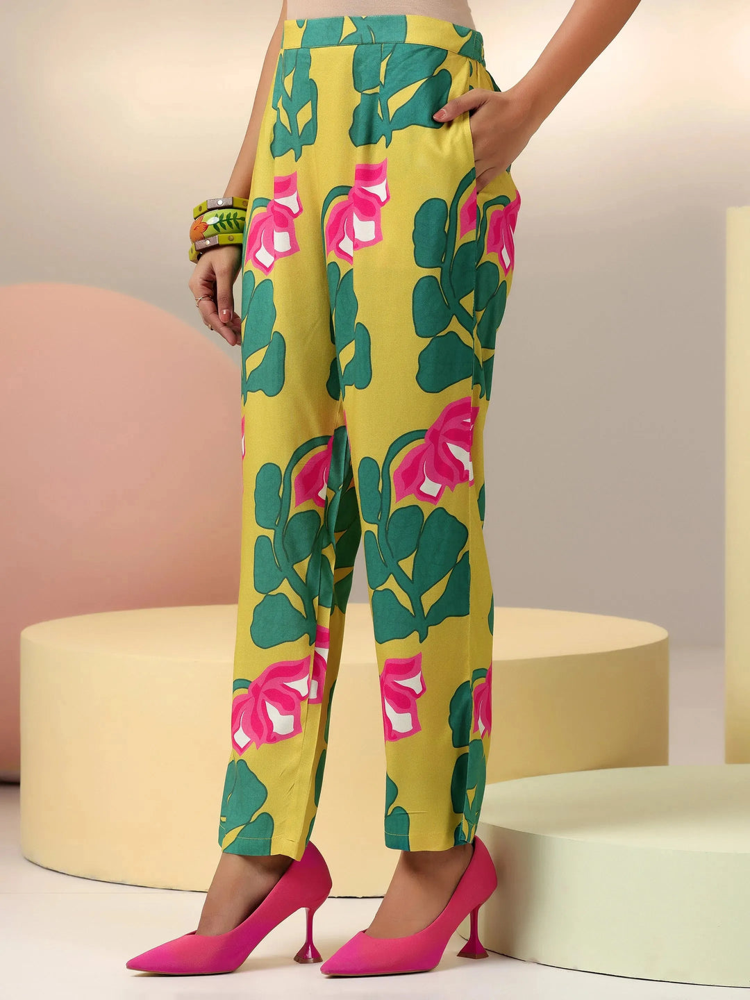  Lime Printed Silk Blend Co-Ords 