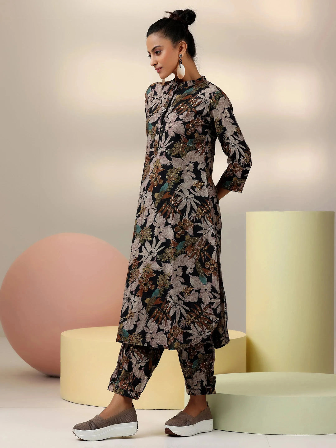  Black Printed Silk Blend Co-Ords 