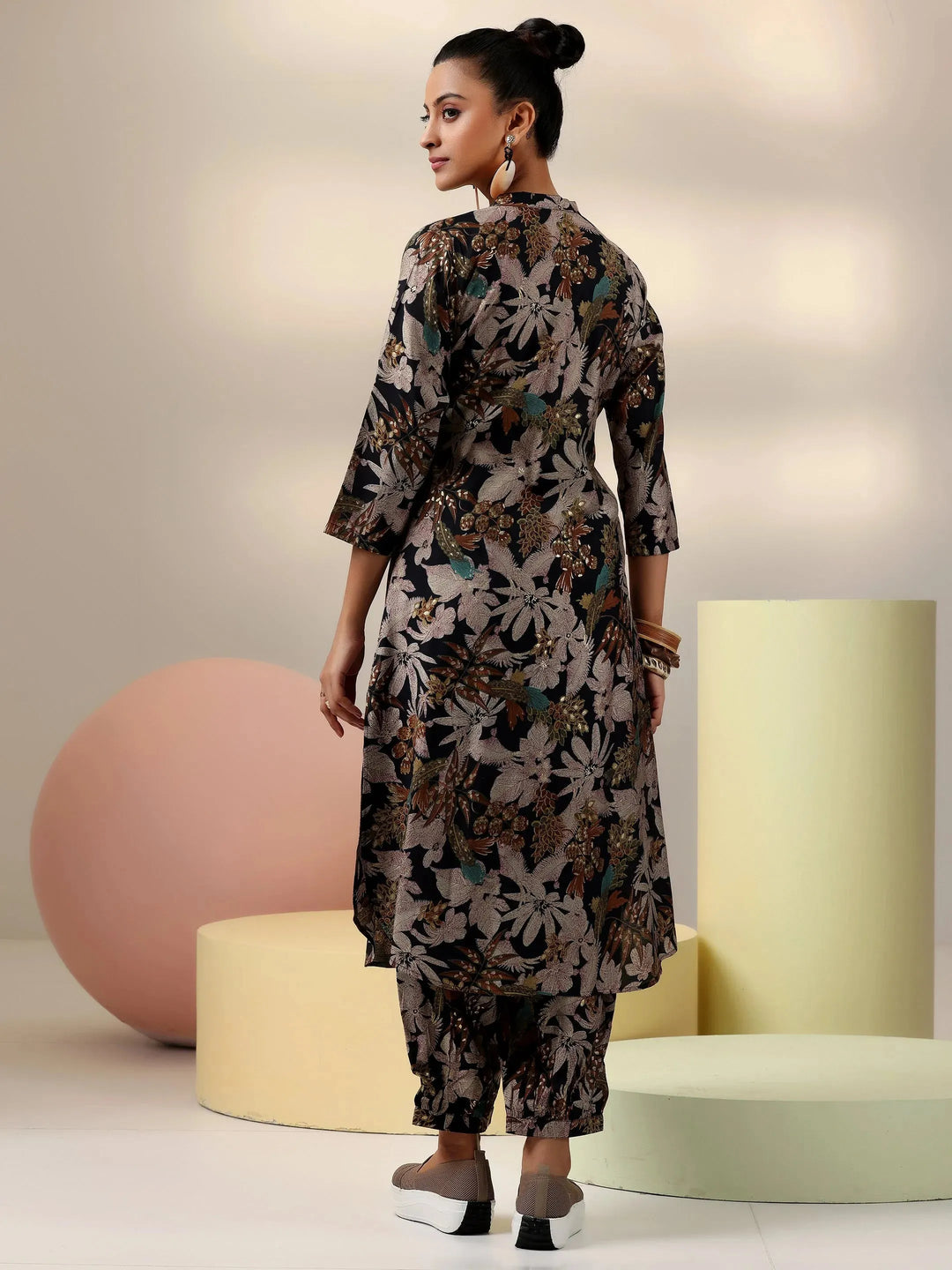  Black Printed Silk Blend Co-Ords 