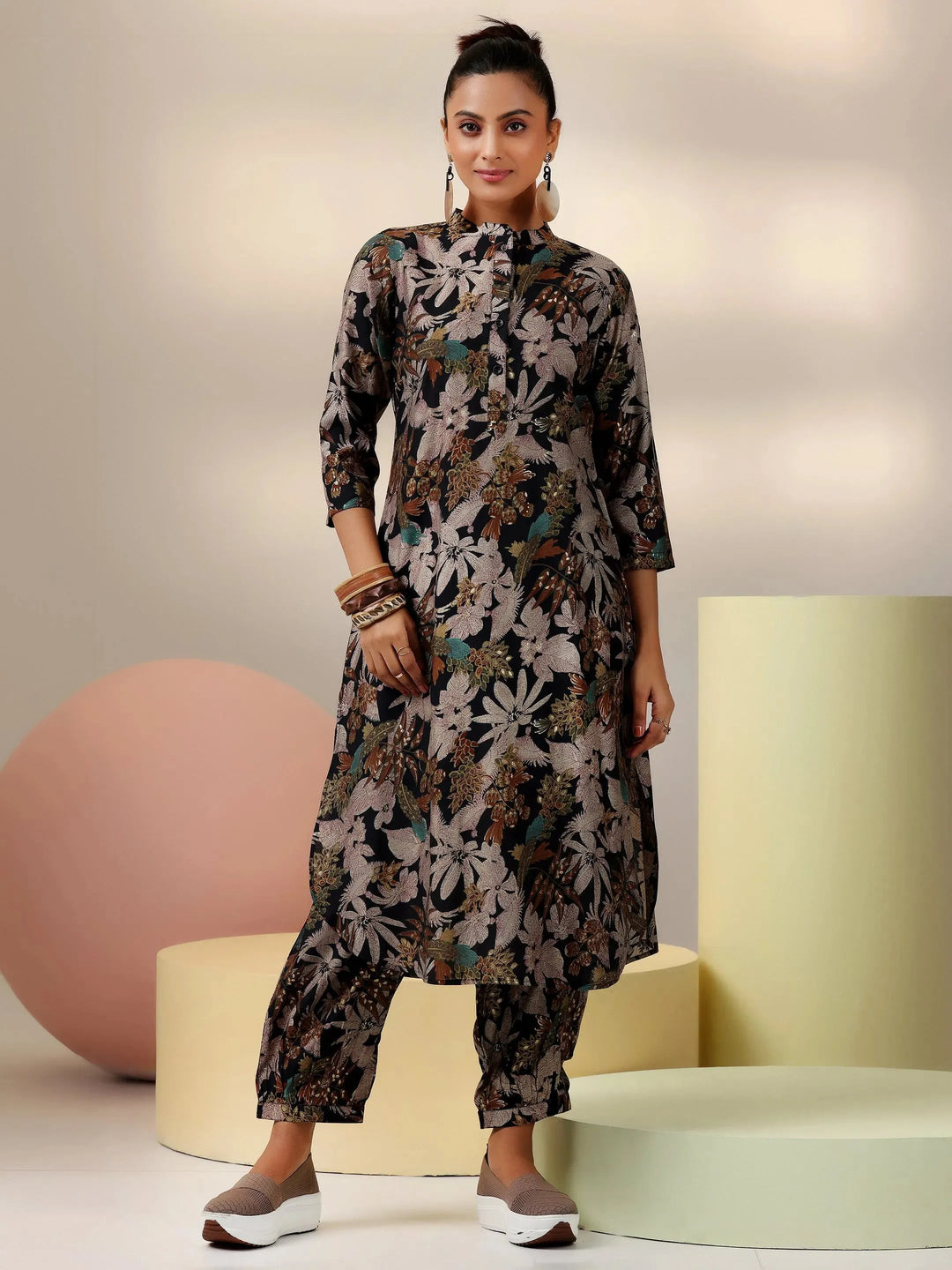  Black Printed Silk Blend Co-Ords 