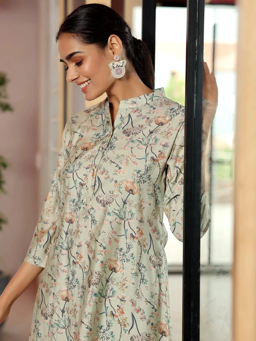  Green Printed Silk Blend Co-Ords 