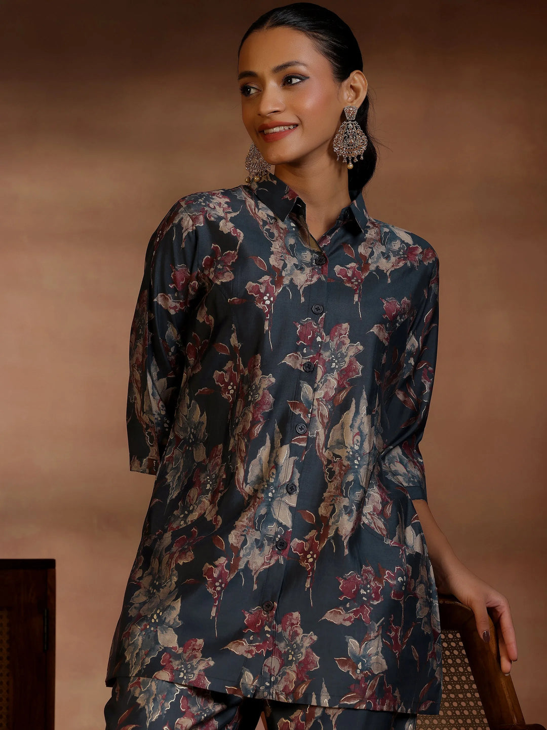  Black Printed Silk Blend Co-Ords 