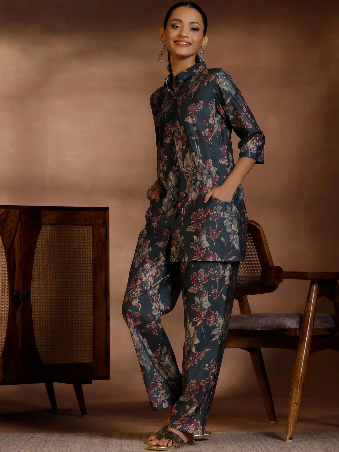  Black Printed Silk Blend Co-Ords 