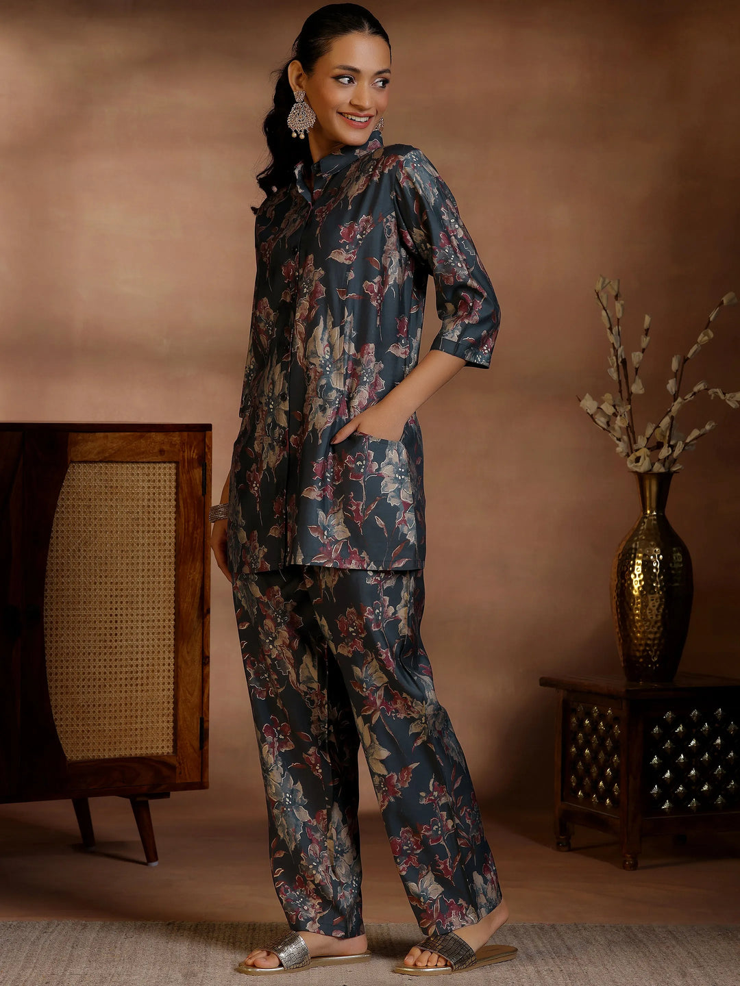  Black Printed Silk Blend Co-Ords 