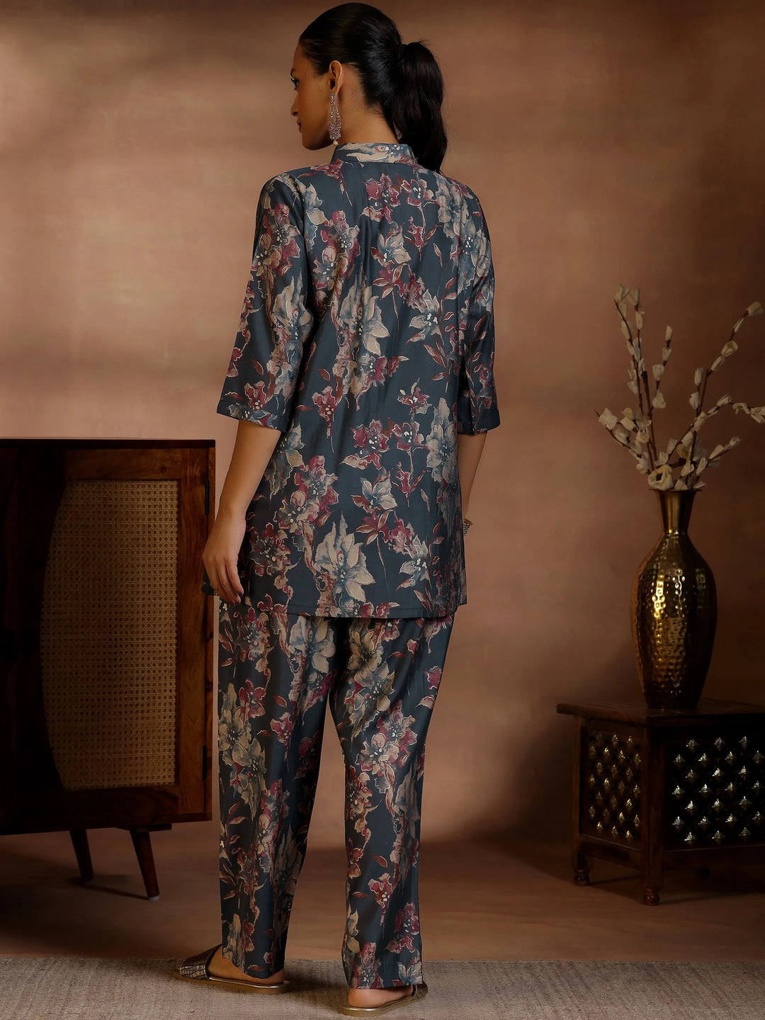  Black Printed Silk Blend Co-Ords 