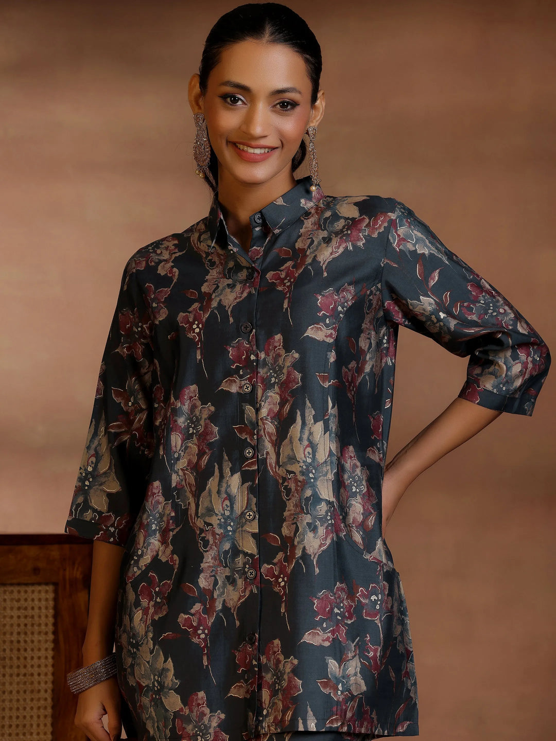  Black Printed Silk Blend Co-Ords 