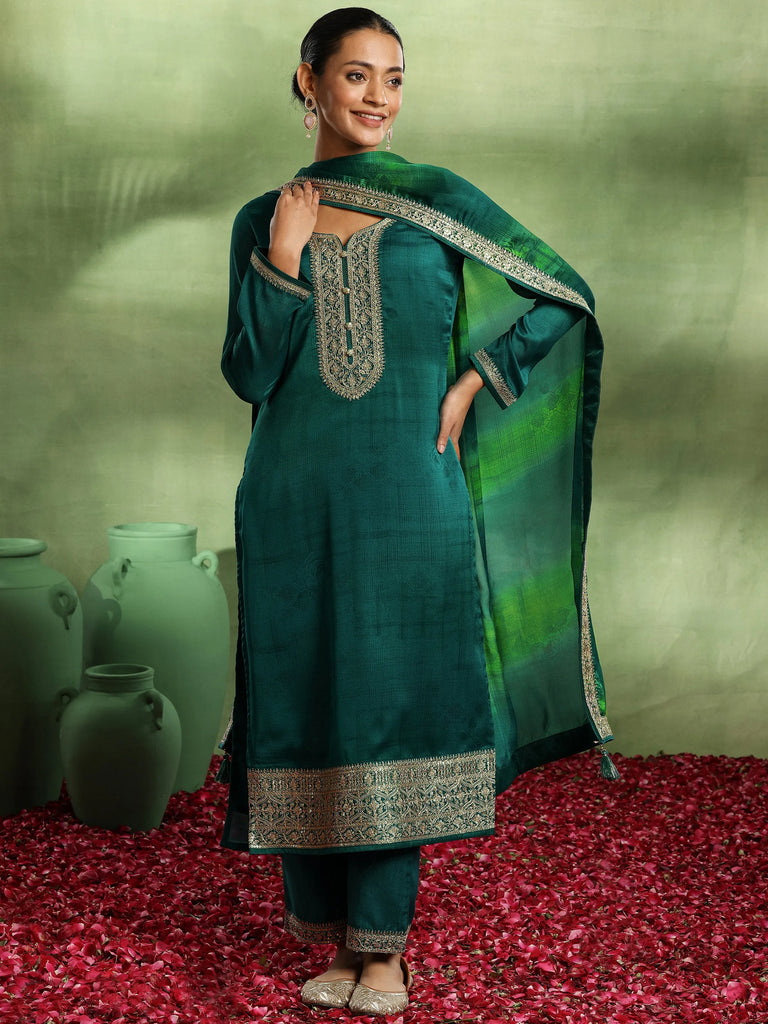 Libas Green Yoke Design Silk Blend Straight Suit With Dupatta