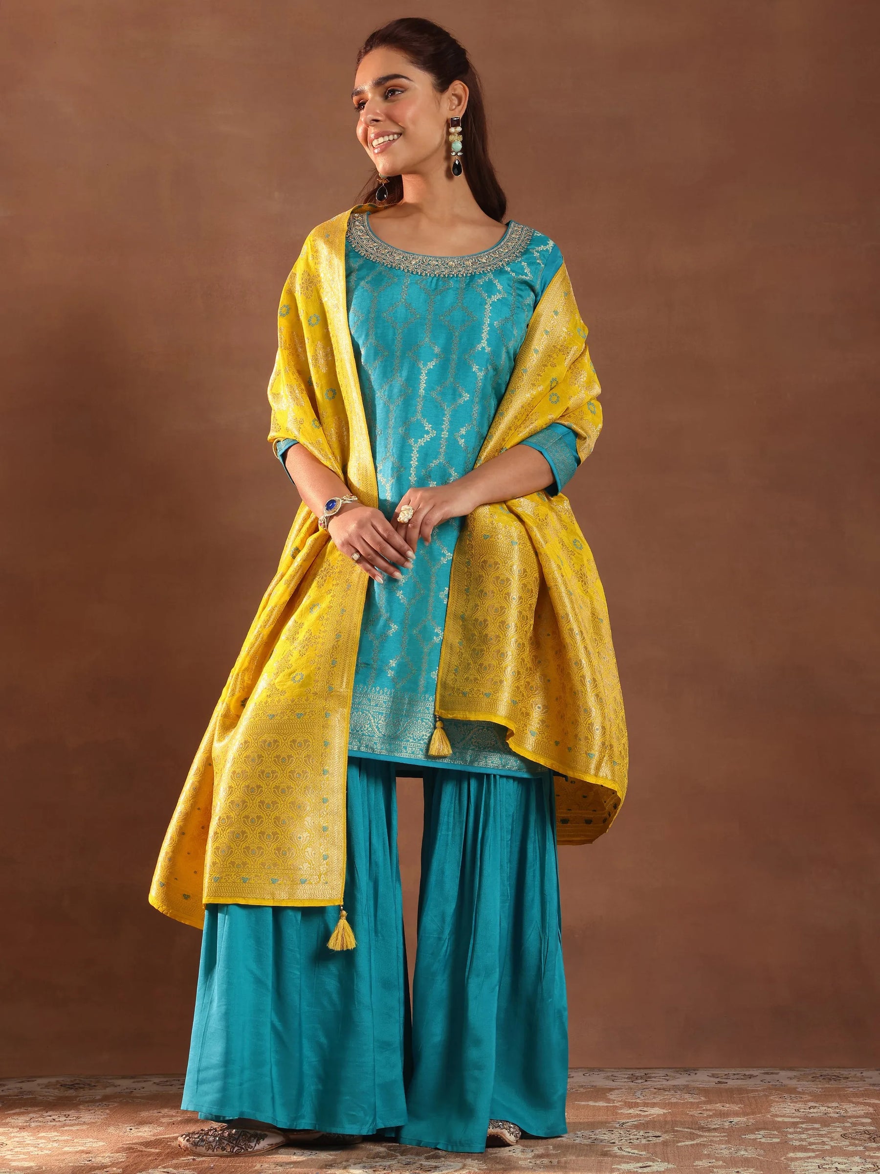 Green Woven Design Silk Blend Straight Suit With Dupatta