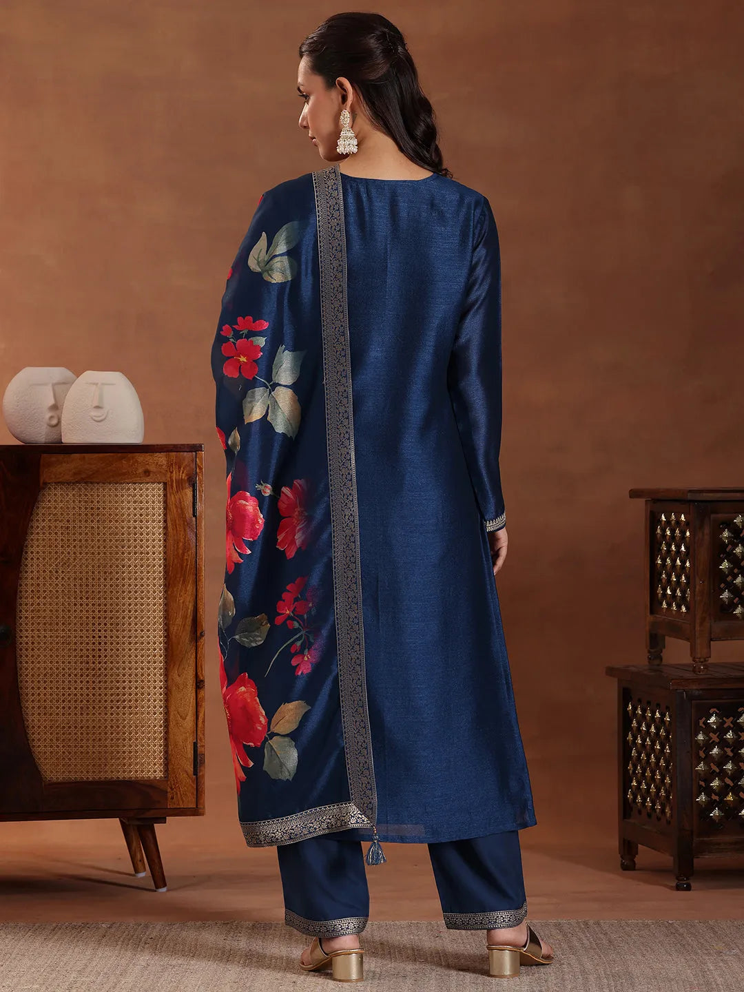  Blue Embroidered Silk Blend Straight Suit With Dupatta 