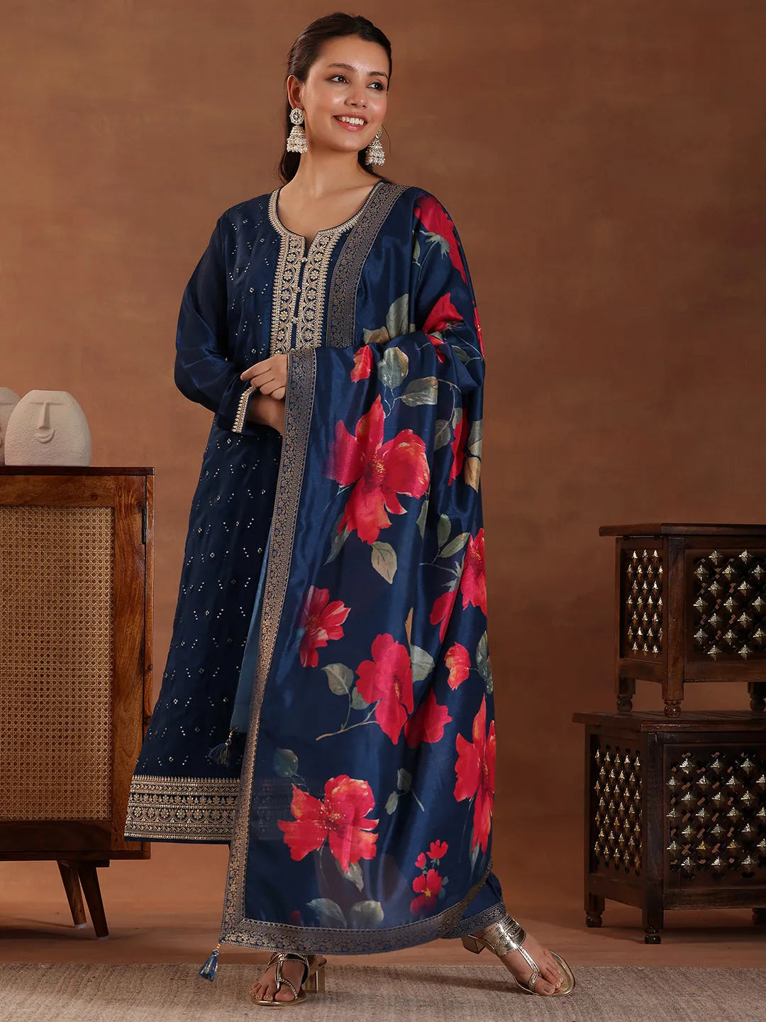Blue Embroidered Silk Blend Straight Suit With Dupatta-image-49