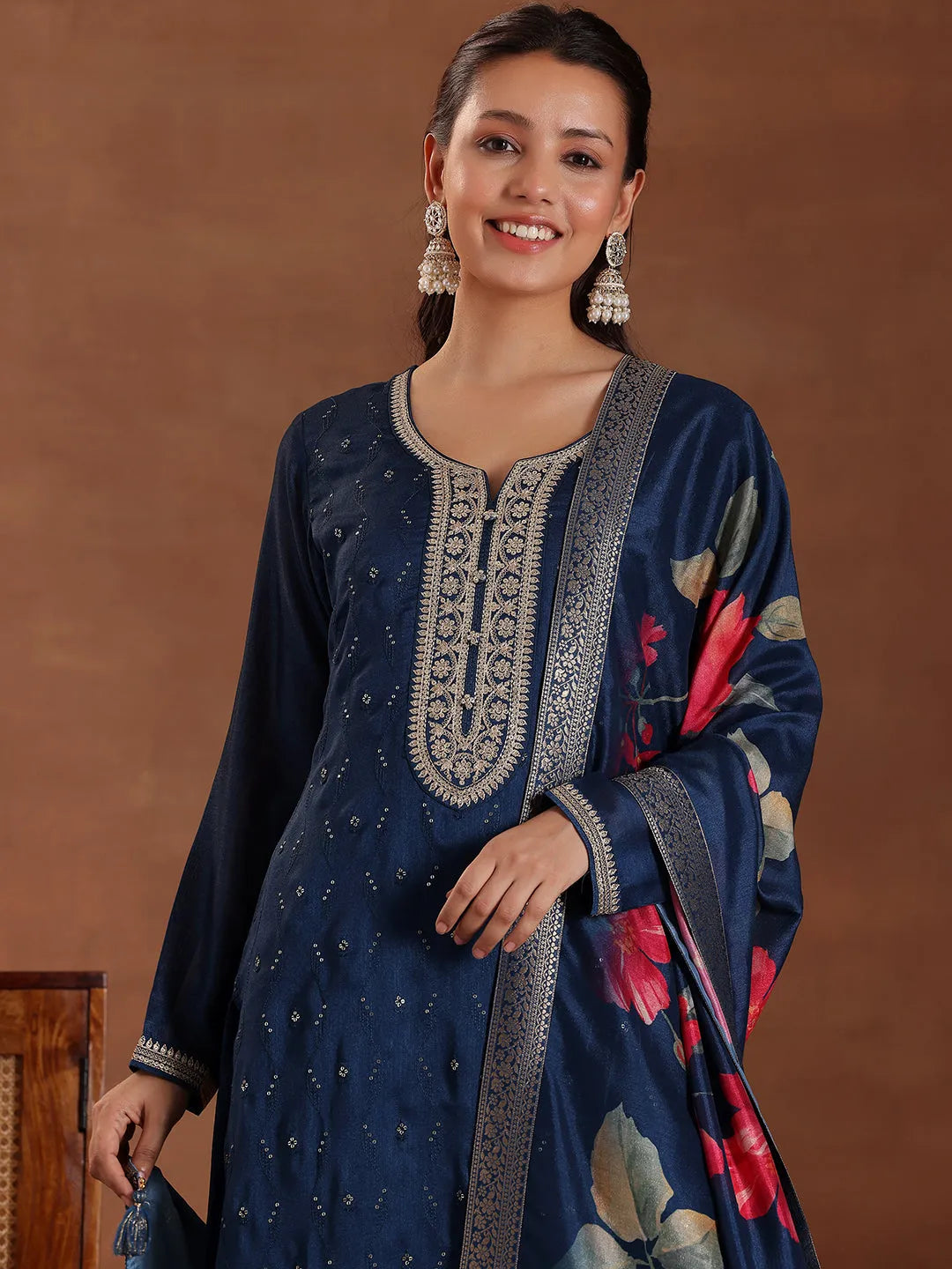  Blue Embroidered Silk Blend Straight Suit With Dupatta 