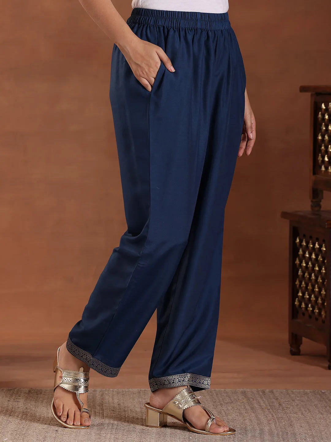  Blue Embroidered Silk Blend Straight Suit With Dupatta 