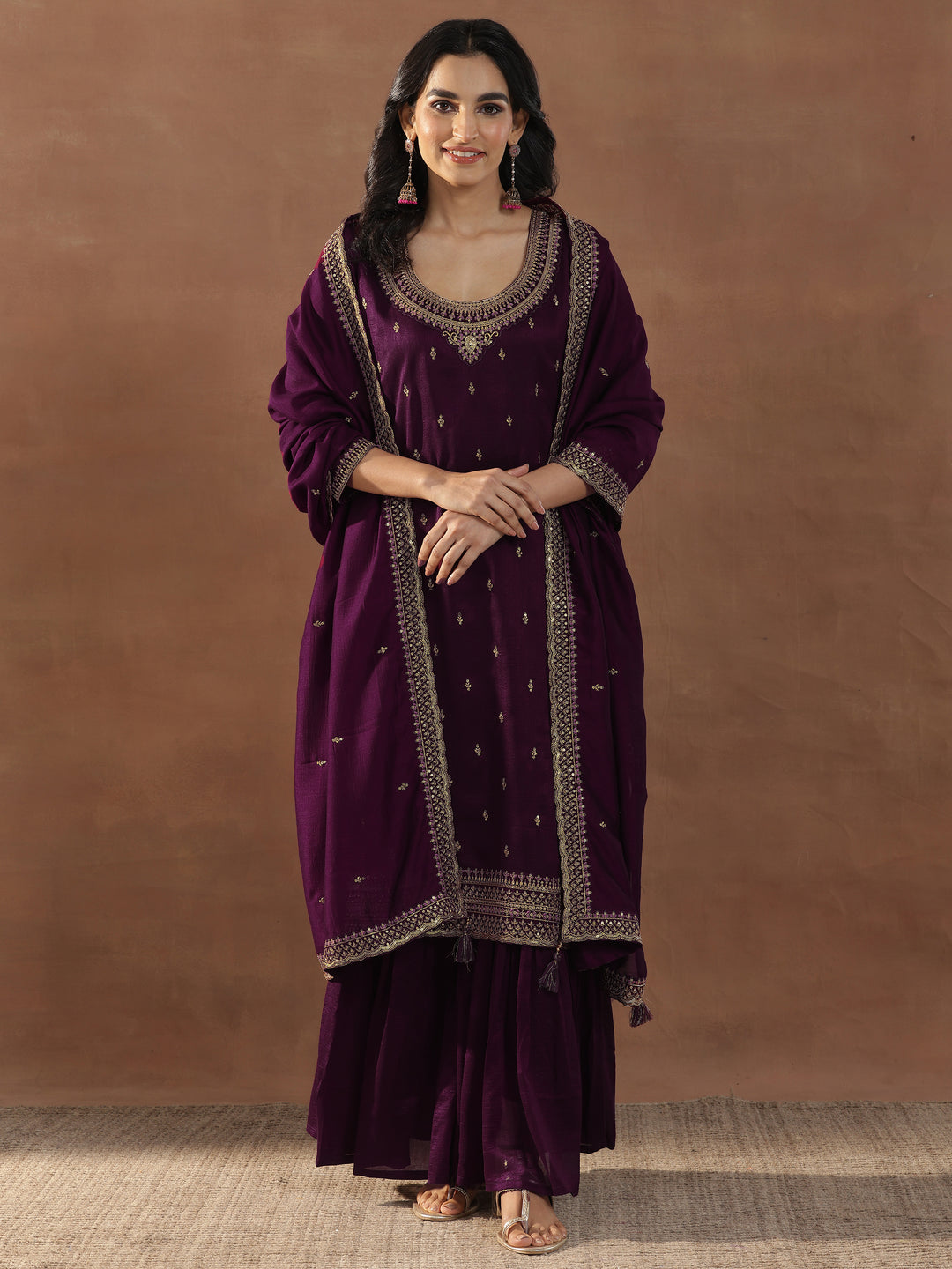  Burgundy Embroidered Silk Blend Straight Suits With Dupatta 