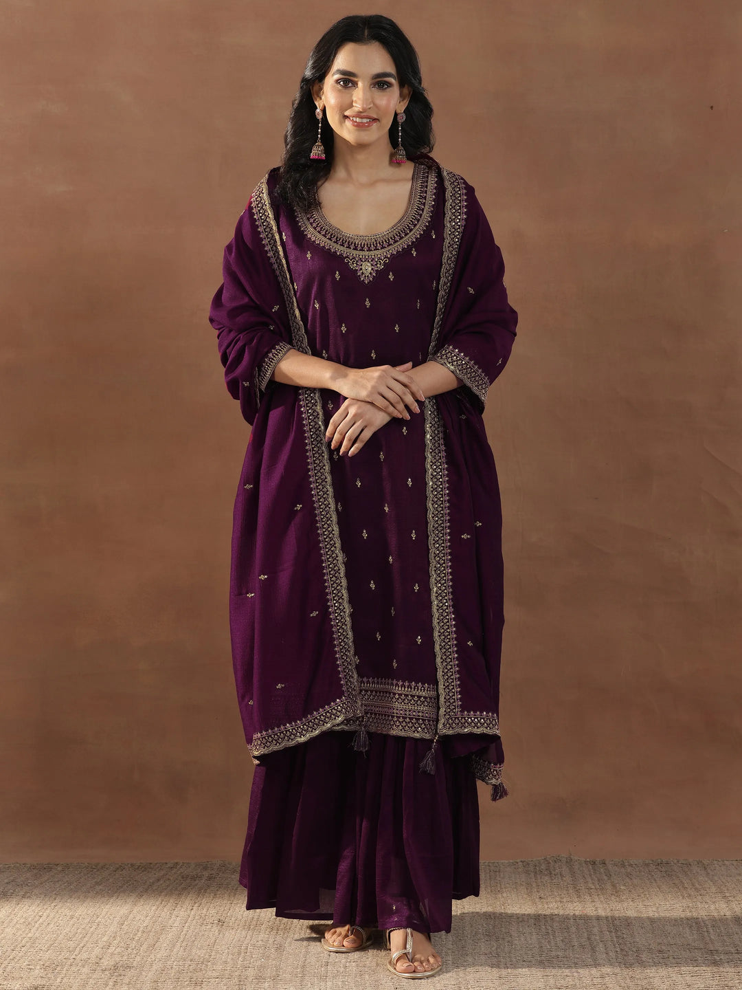 Burgundy Embroidered Silk Blend Straight Sharara Suit Set With Dupatta 