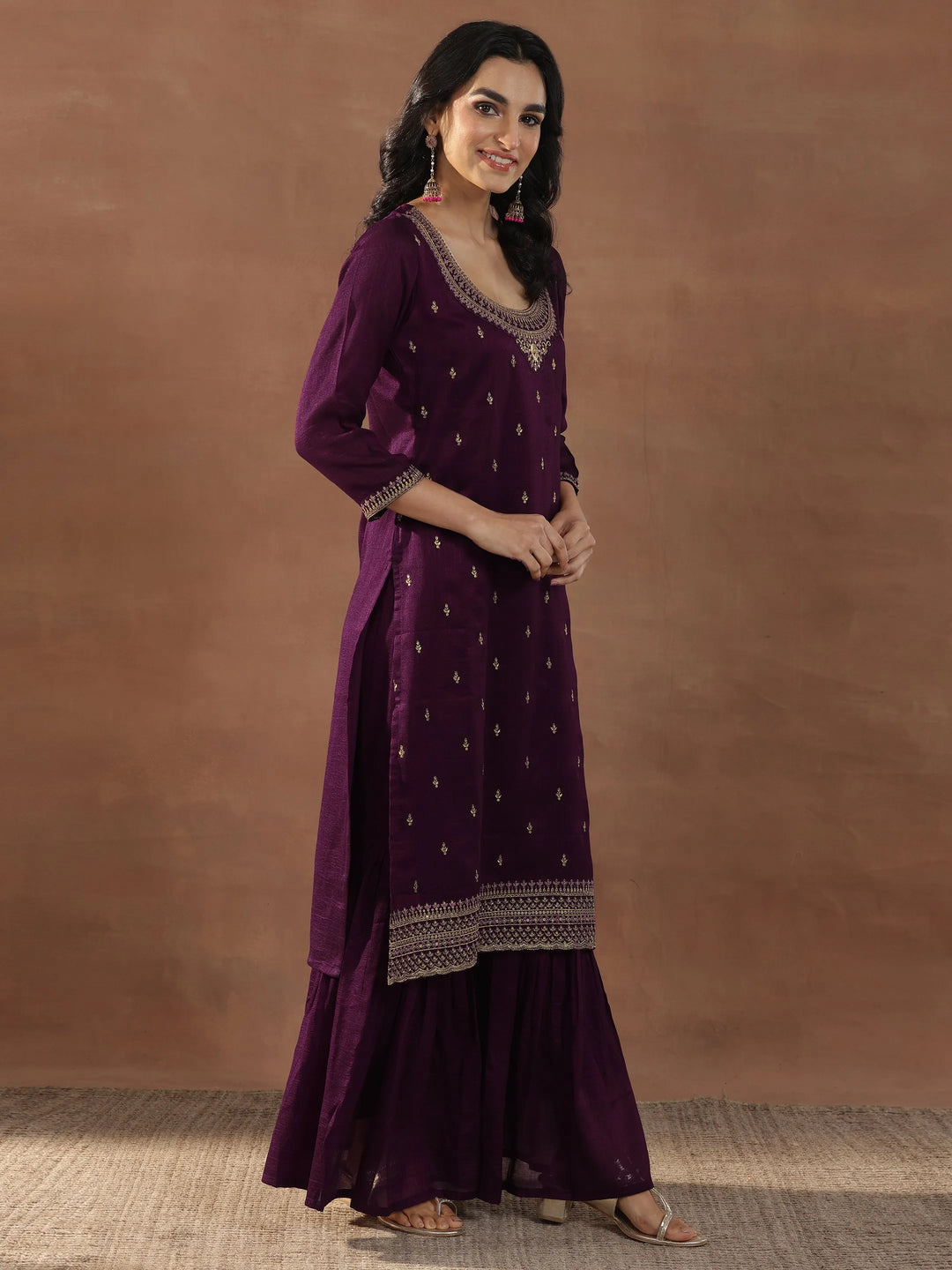  Burgundy Embroidered Silk Blend Straight Sharara Suit Set With Dupatta 