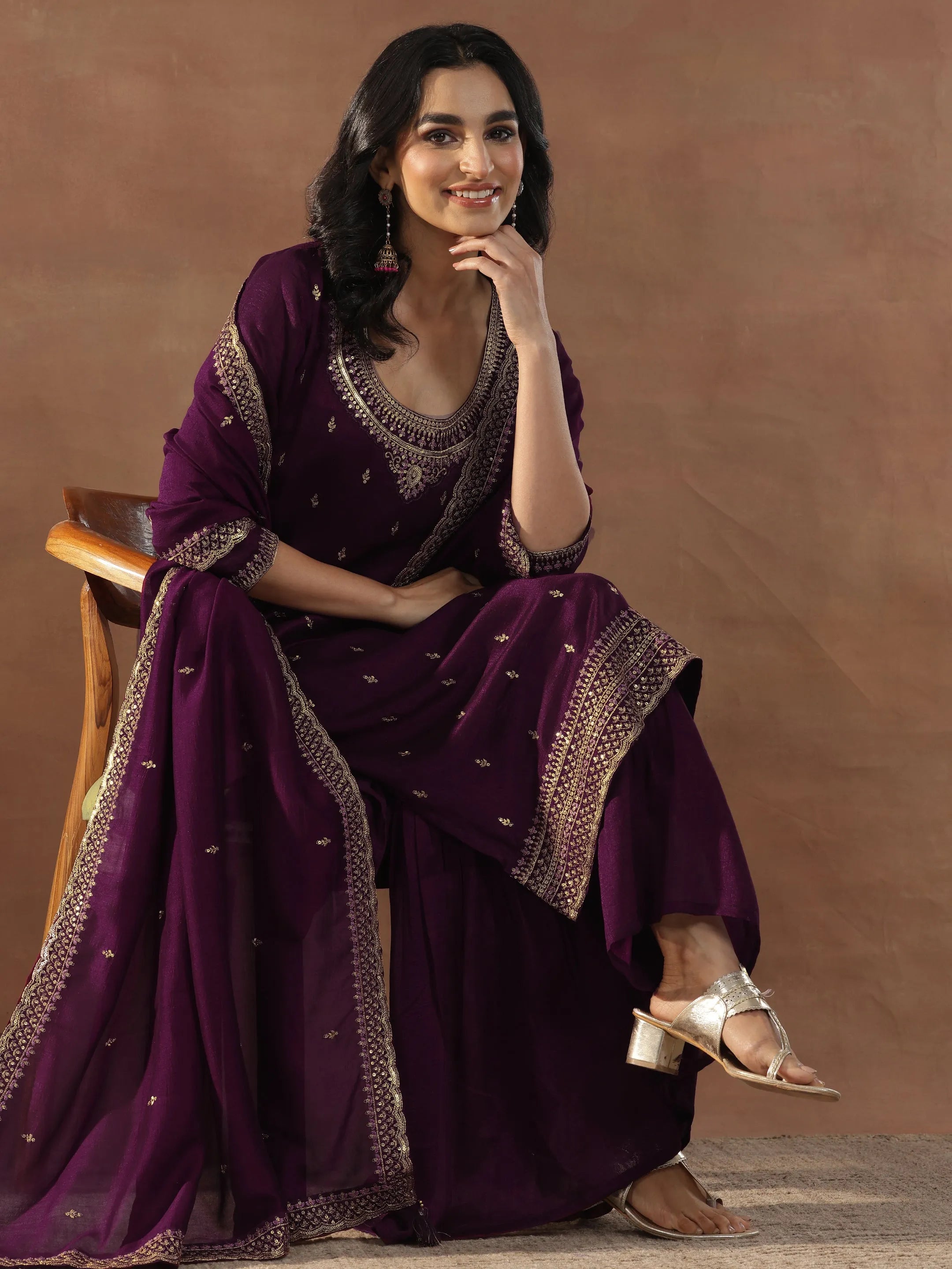 Burgundy Embroidered Silk Blend Straight Sharara Suit Set — Libas Eid al-Adha 2026
