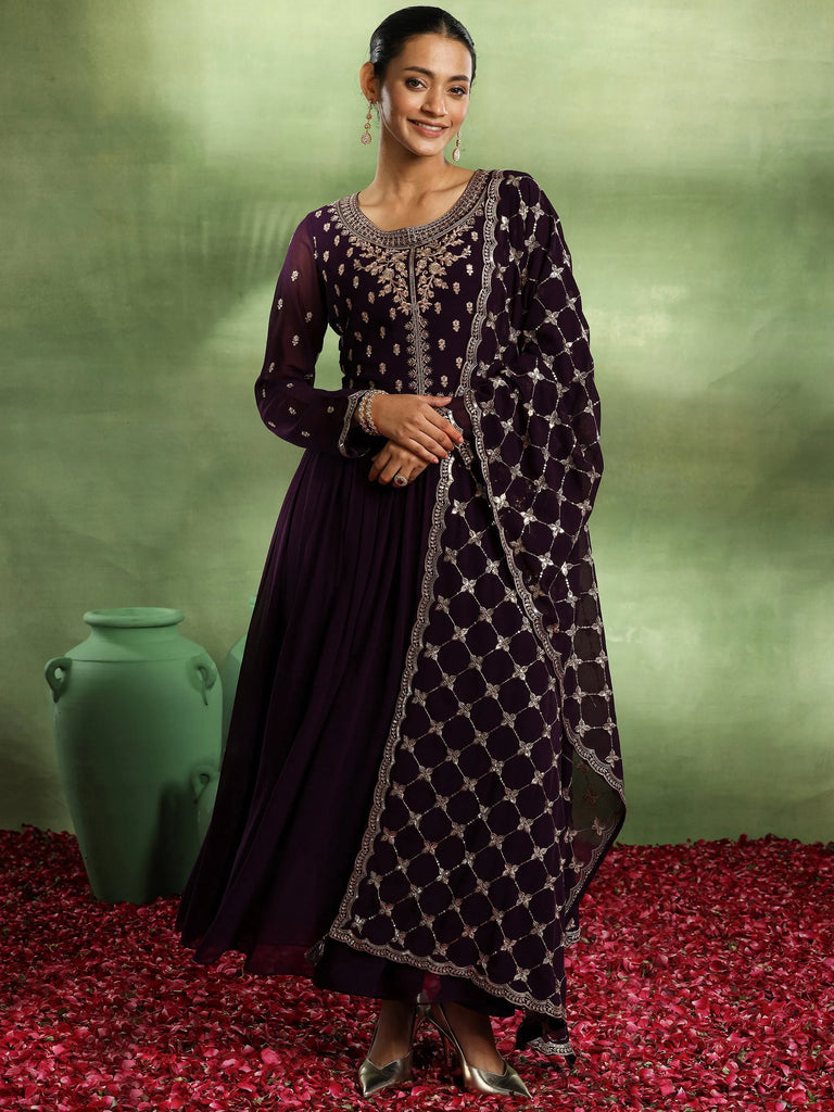 Libas Purple Embroidered Georgette Anarkali Suit With Dupatta