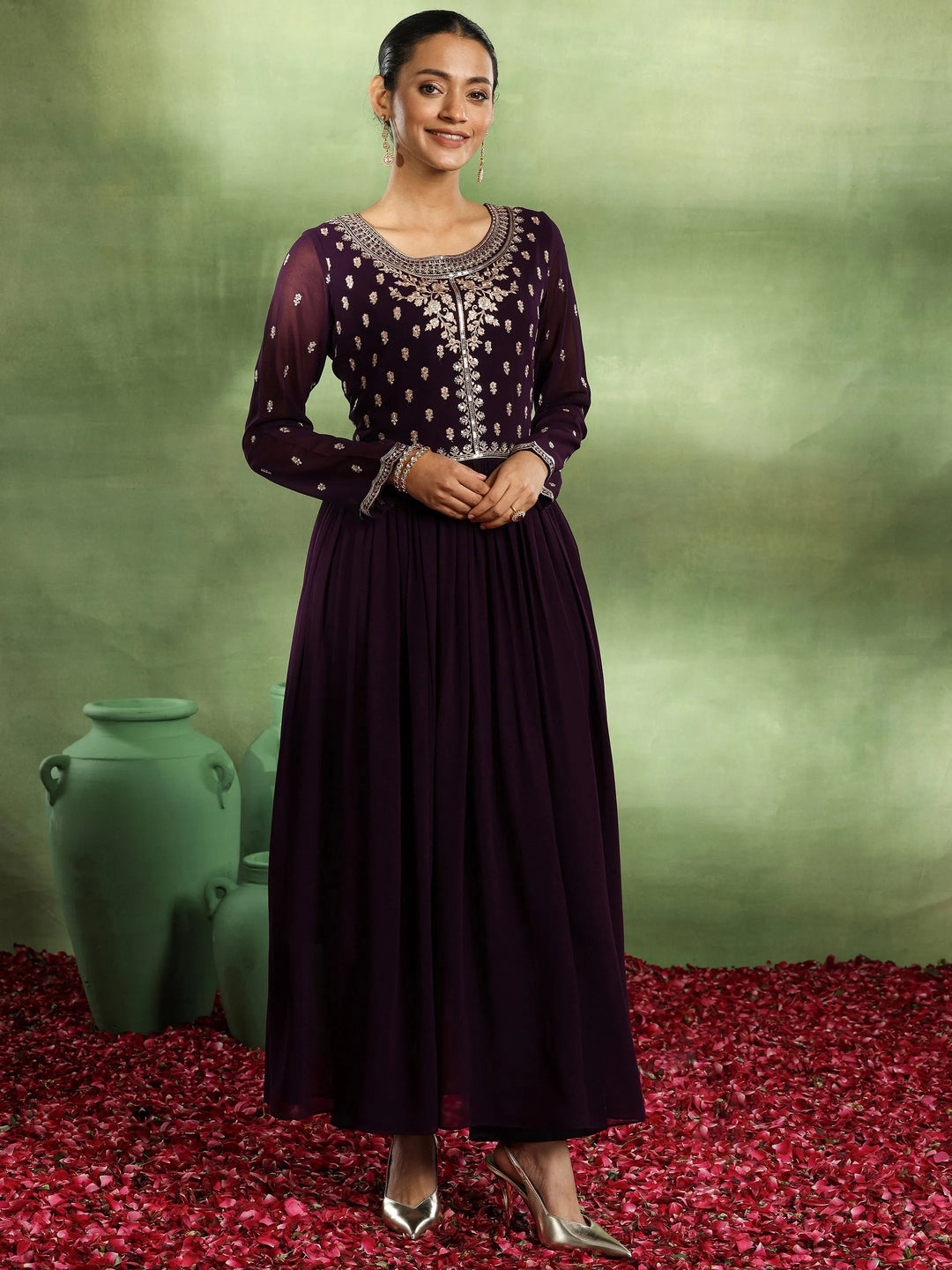  Purple Embroidered Georgette Anarkali Suit With Dupatta 