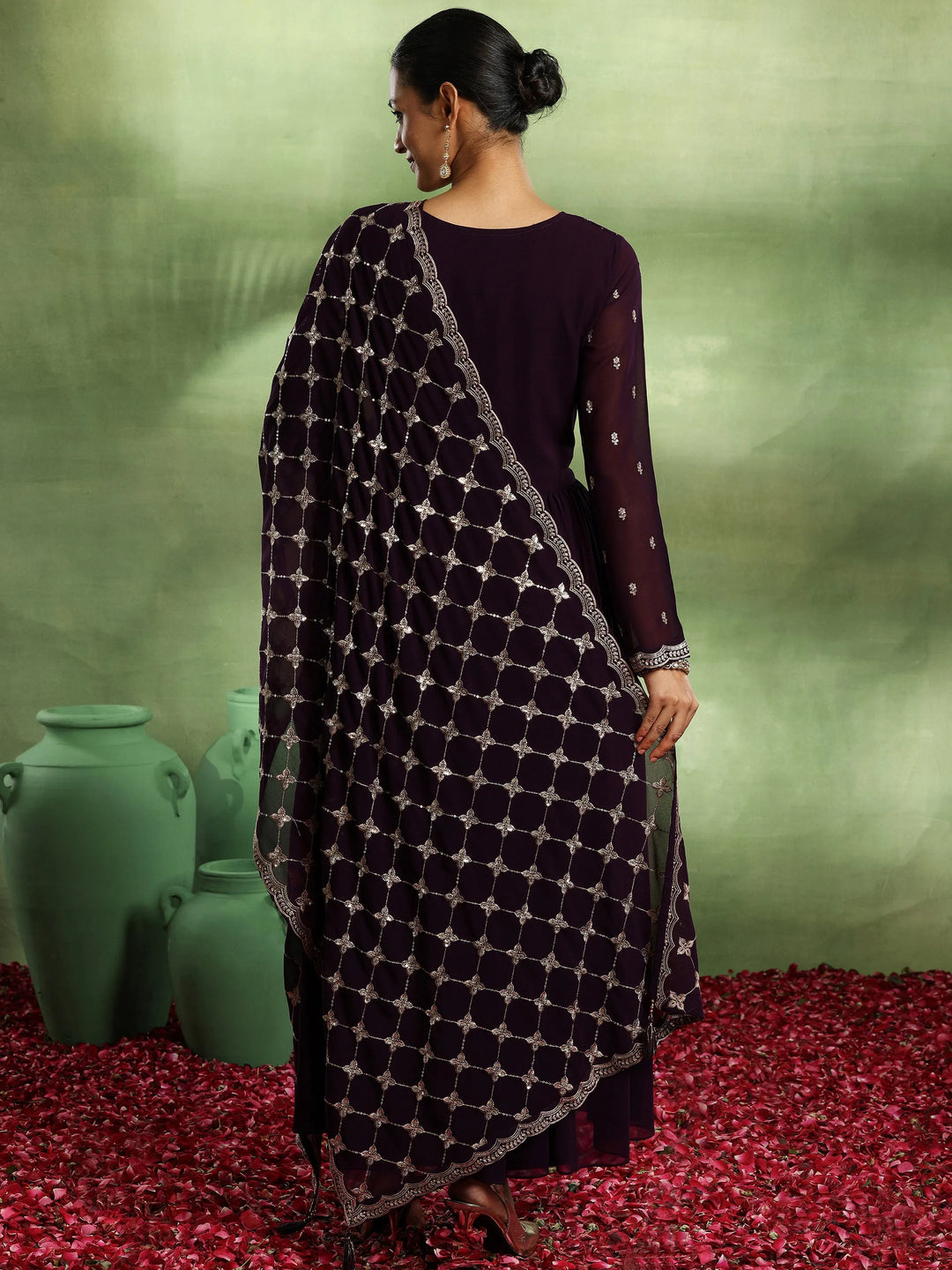  Purple Embroidered Georgette Anarkali Suit With Dupatta 