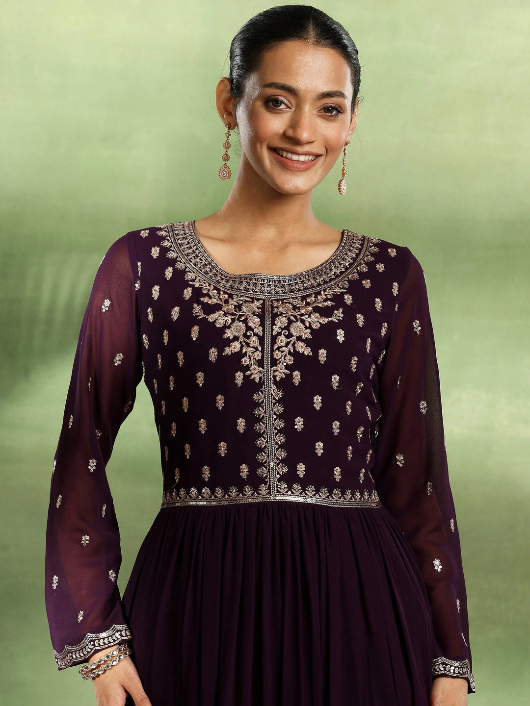  Purple Embroidered Georgette Anarkali Suit With Dupatta 