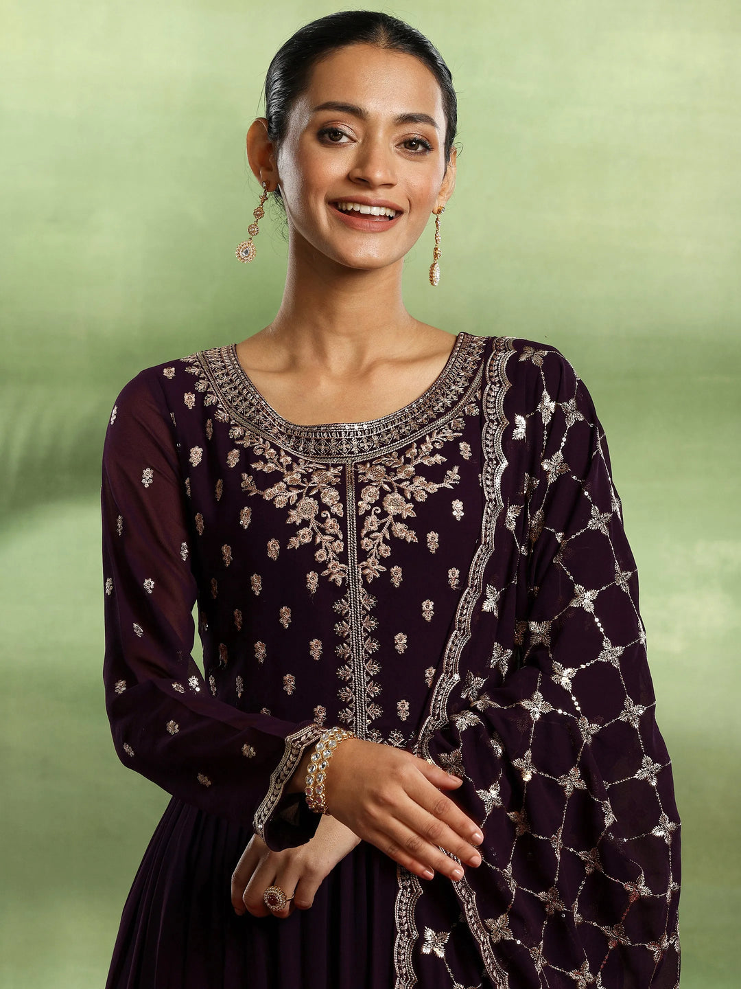  Purple Embroidered Georgette Anarkali Suit With Dupatta 
