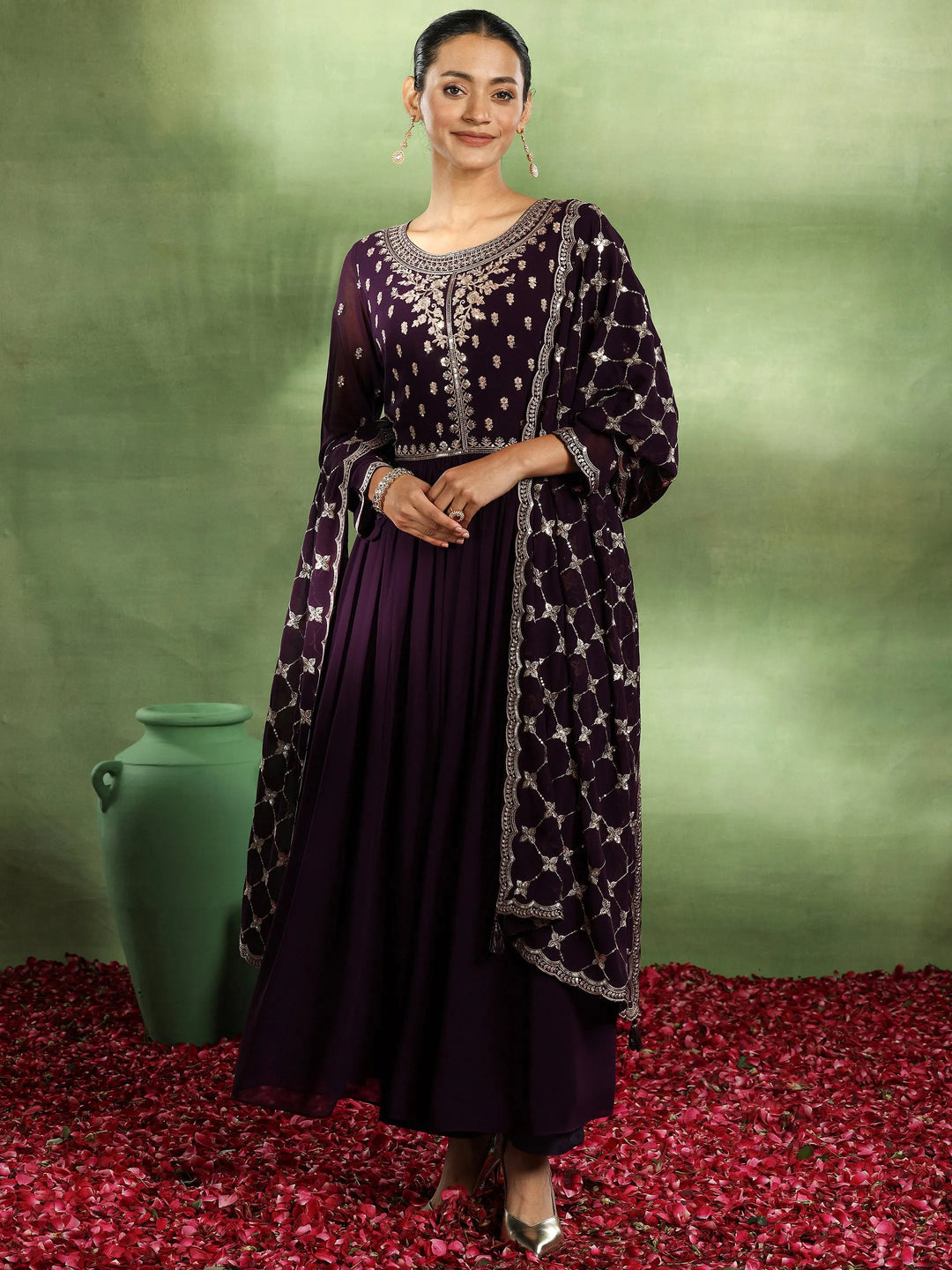  Purple Embroidered Georgette Anarkali Suit With Dupatta 