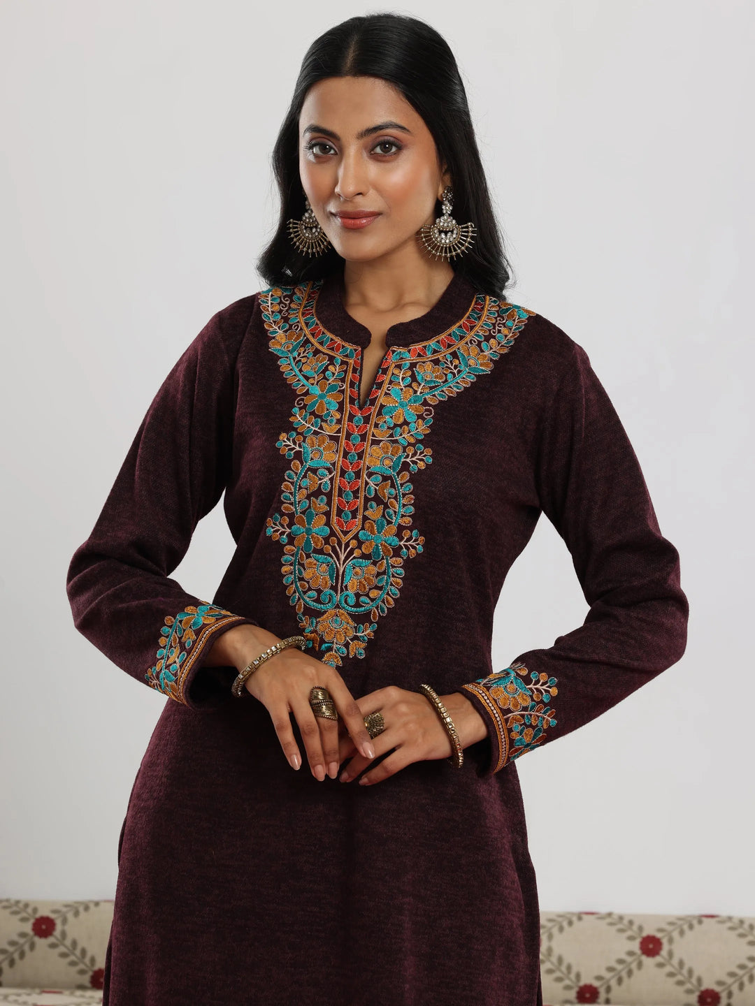  Wine Embroidered Wool Blend Straight Suit With Dupatta 