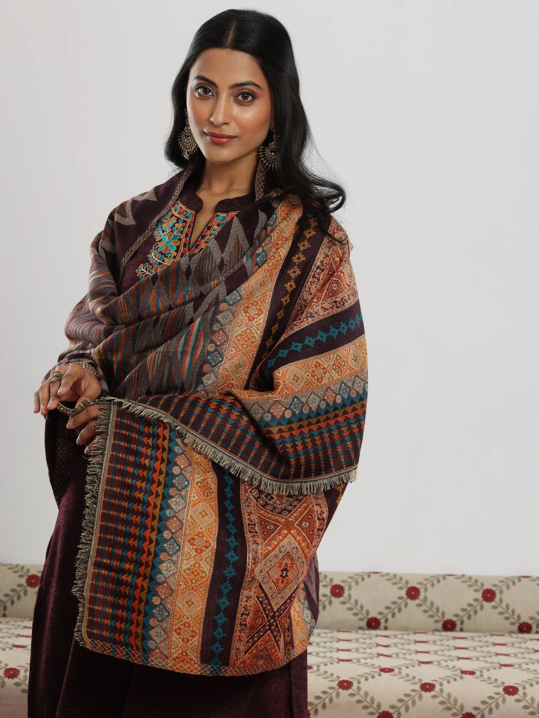  Wine Embroidered Wool Blend Straight Suit With Dupatta 