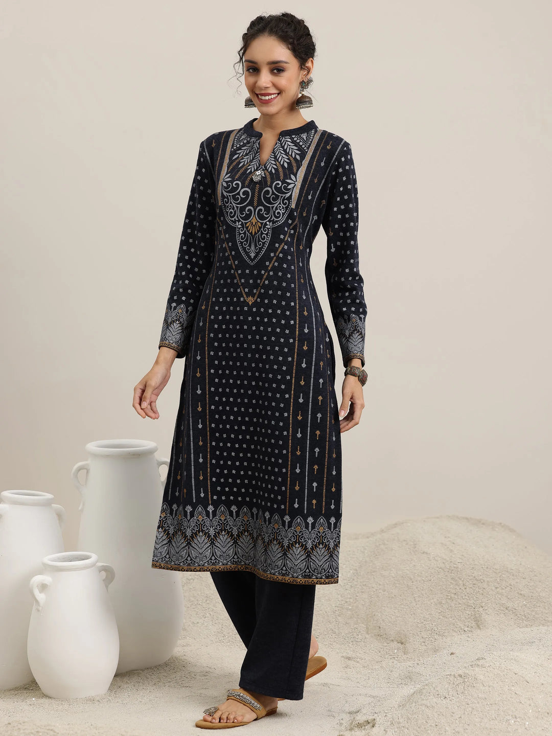  Blue Priinted Wool Blend Straight Suit With Dupatta 