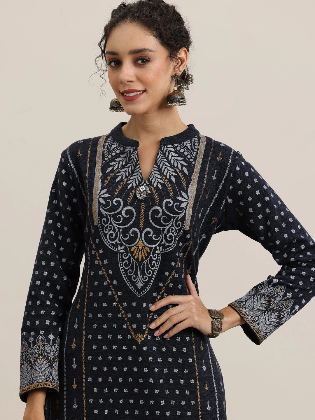  Blue Priinted Wool Blend Straight Suit With Dupatta 