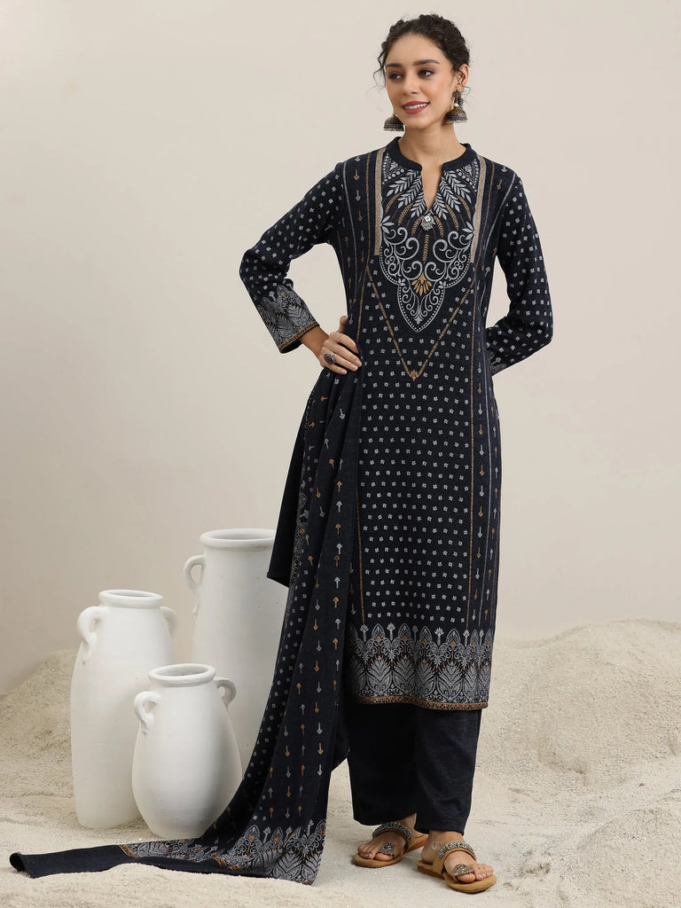 Libas Blue Priinted Wool Blend Straight Suit With Dupatta