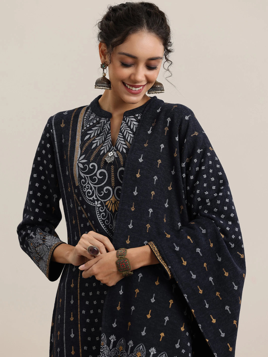  Blue Priinted Wool Blend Straight Suit With Dupatta 