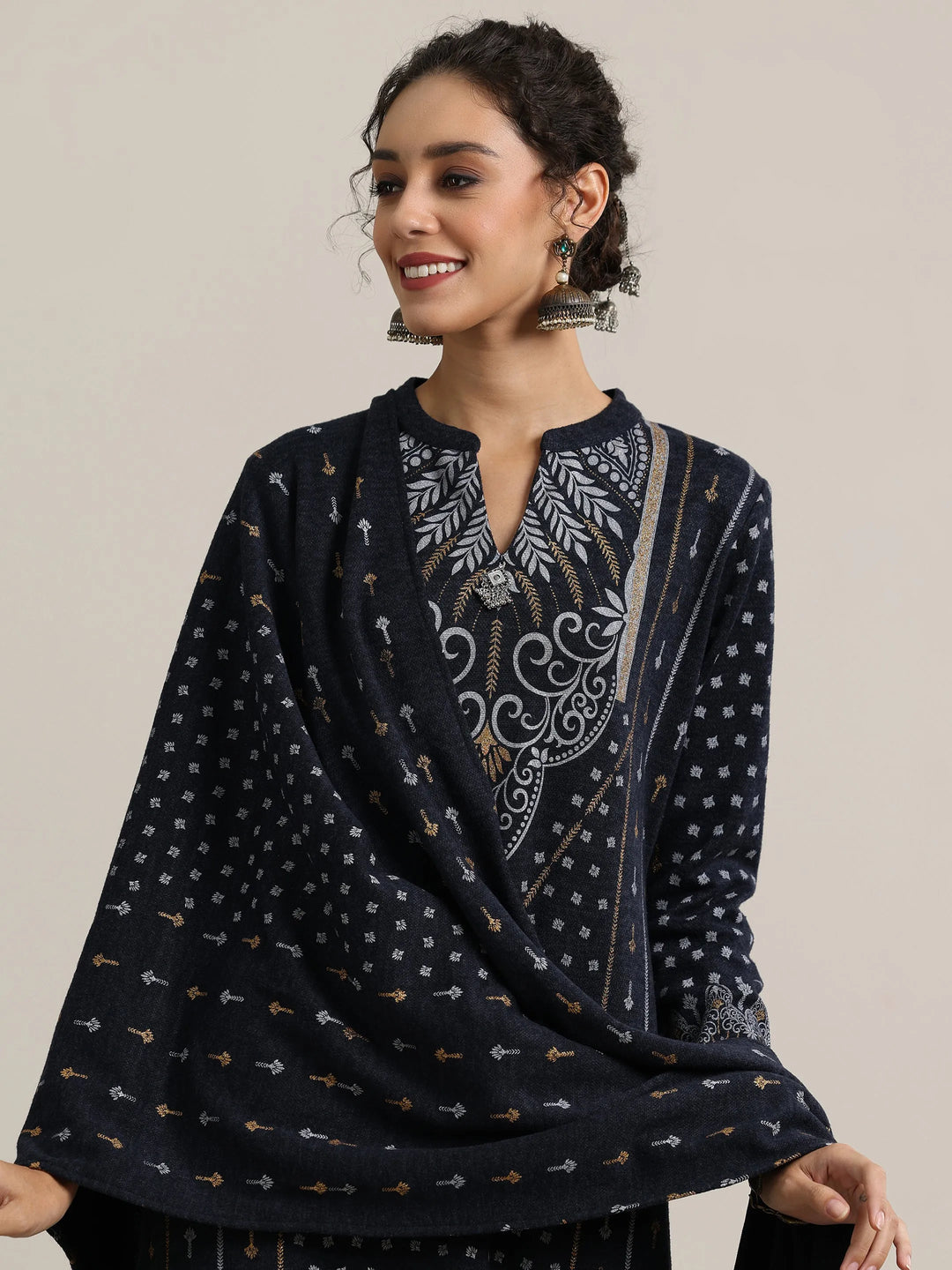 Blue Priinted Wool Blend Straight Suit With Dupatta 