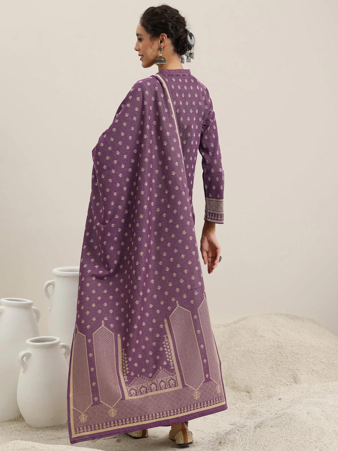  Wine Woven Design Wool Blend Straight Suit With Dupatta 
