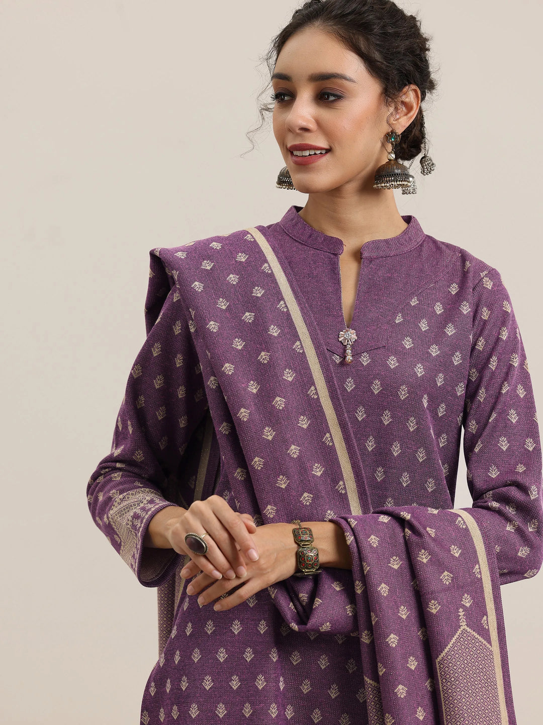  Wine Woven Design Wool Blend Straight Suit With Dupatta 