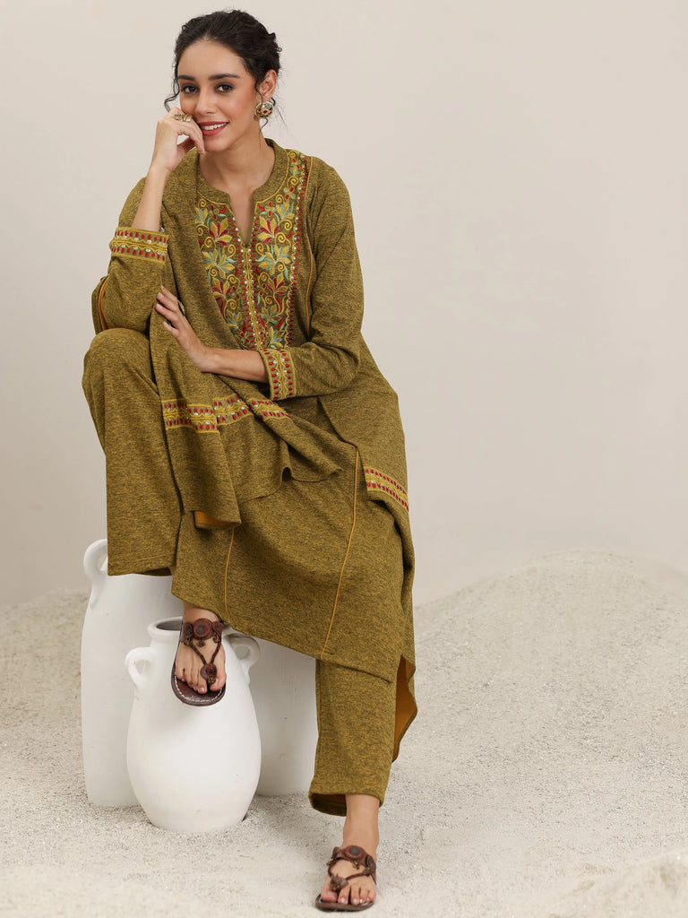 Libas Mustard Yoke Design Wool Blend Straight Suit With Dupatta