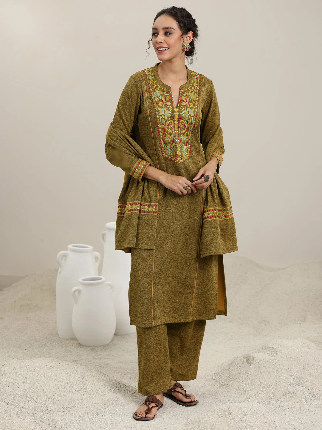  Mustard Yoke Design Wool Blend Straight Suit With Dupatta 