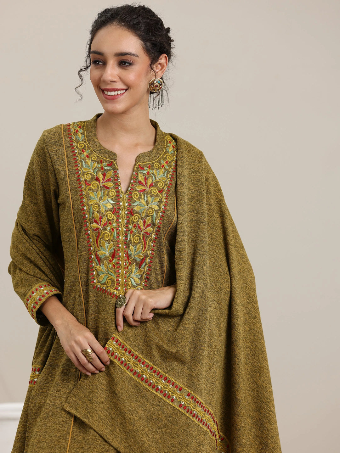  Mustard Yoke Design Wool Blend Straight Suit With Dupatta 