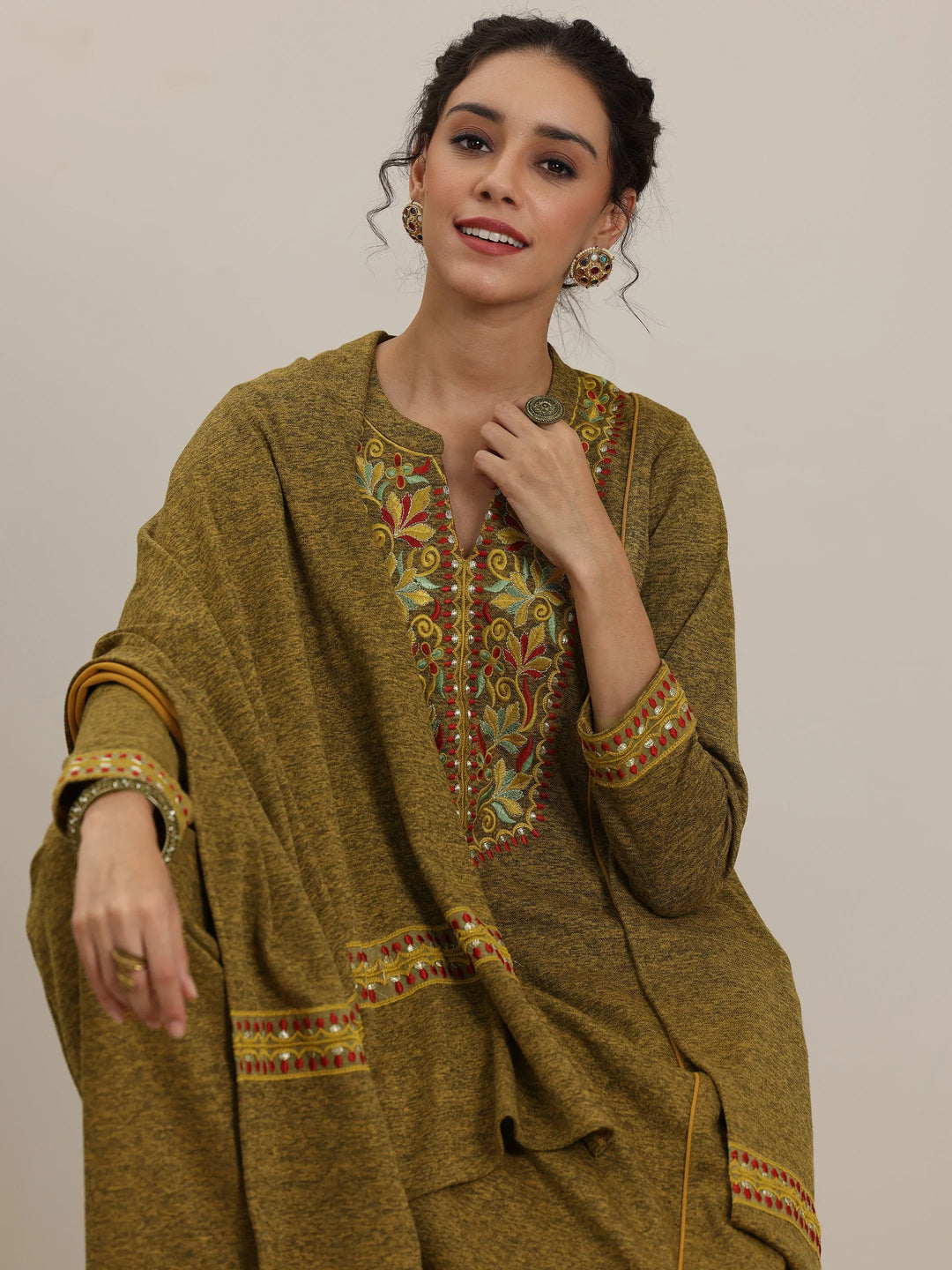  Mustard Yoke Design Wool Blend Straight Suit With Dupatta 