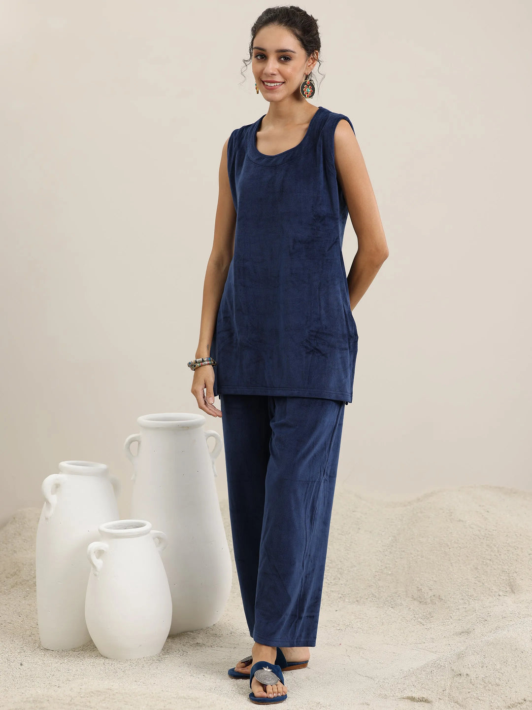  Blue Solid Velvet 3 Piece Co-Ords 