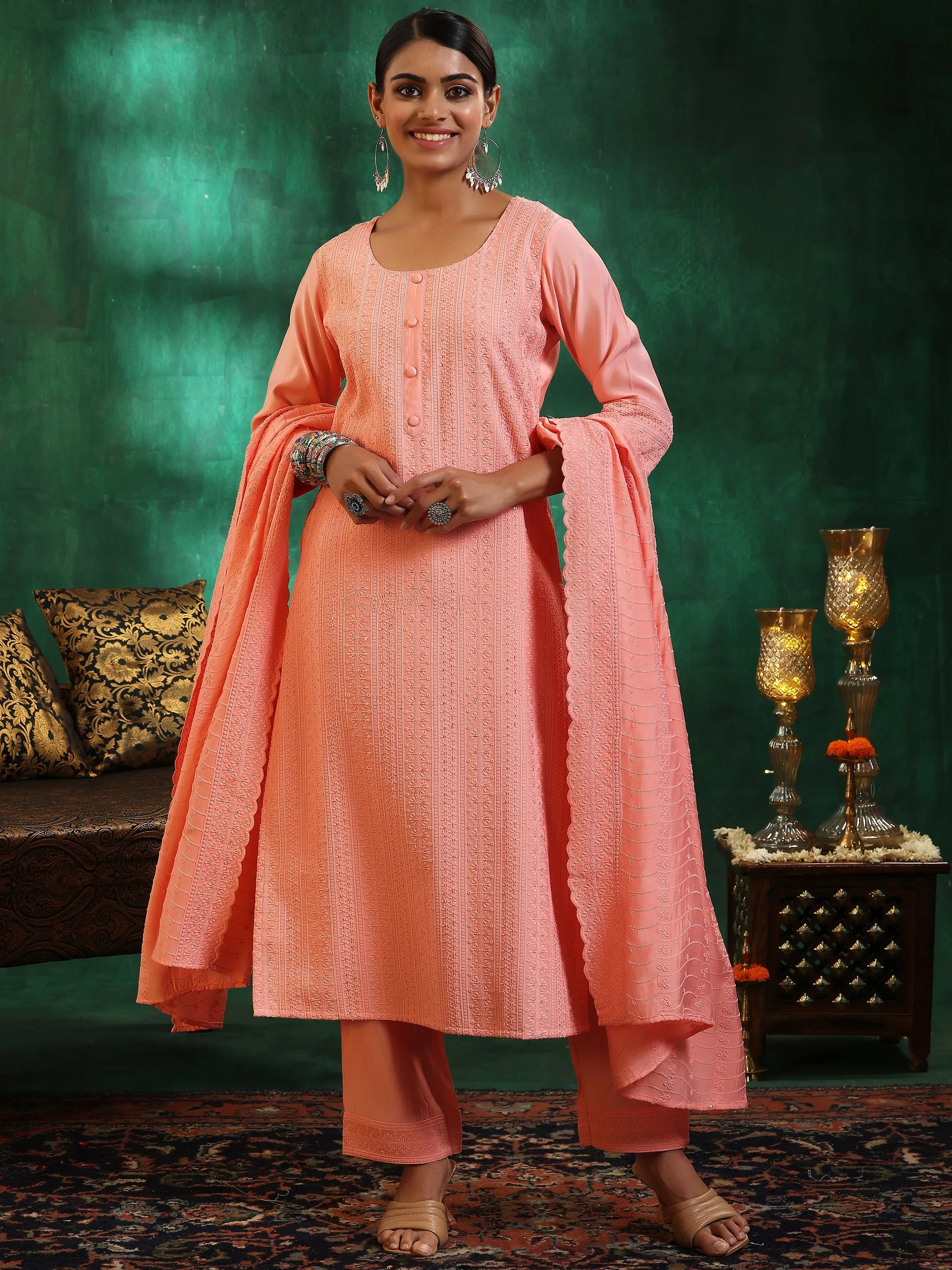 Peach Embroidered Silk Blend Straight Suit With Dupatta-image-33