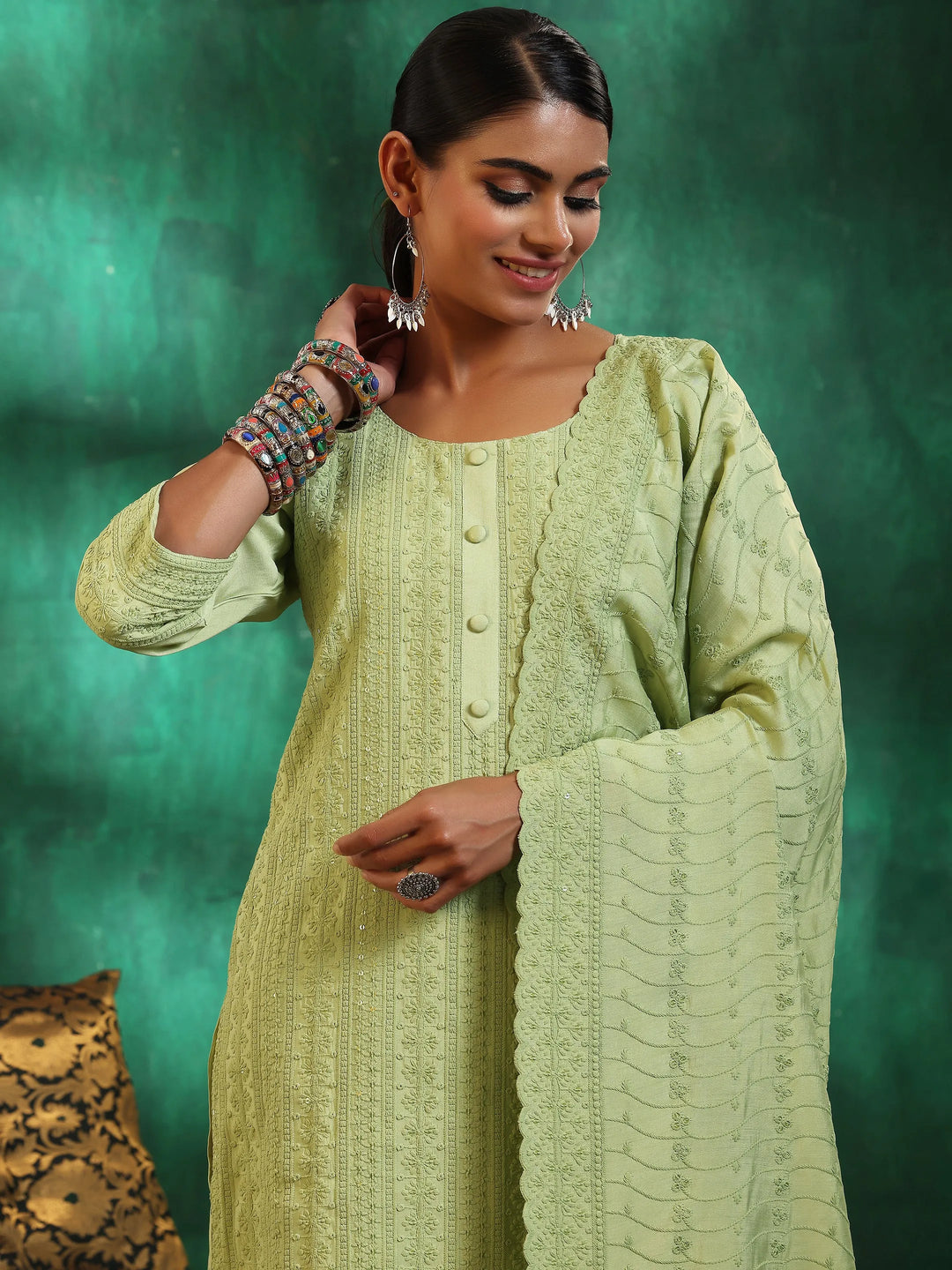  Green Embroidered Silk Blend Straight Suit With Dupatta 