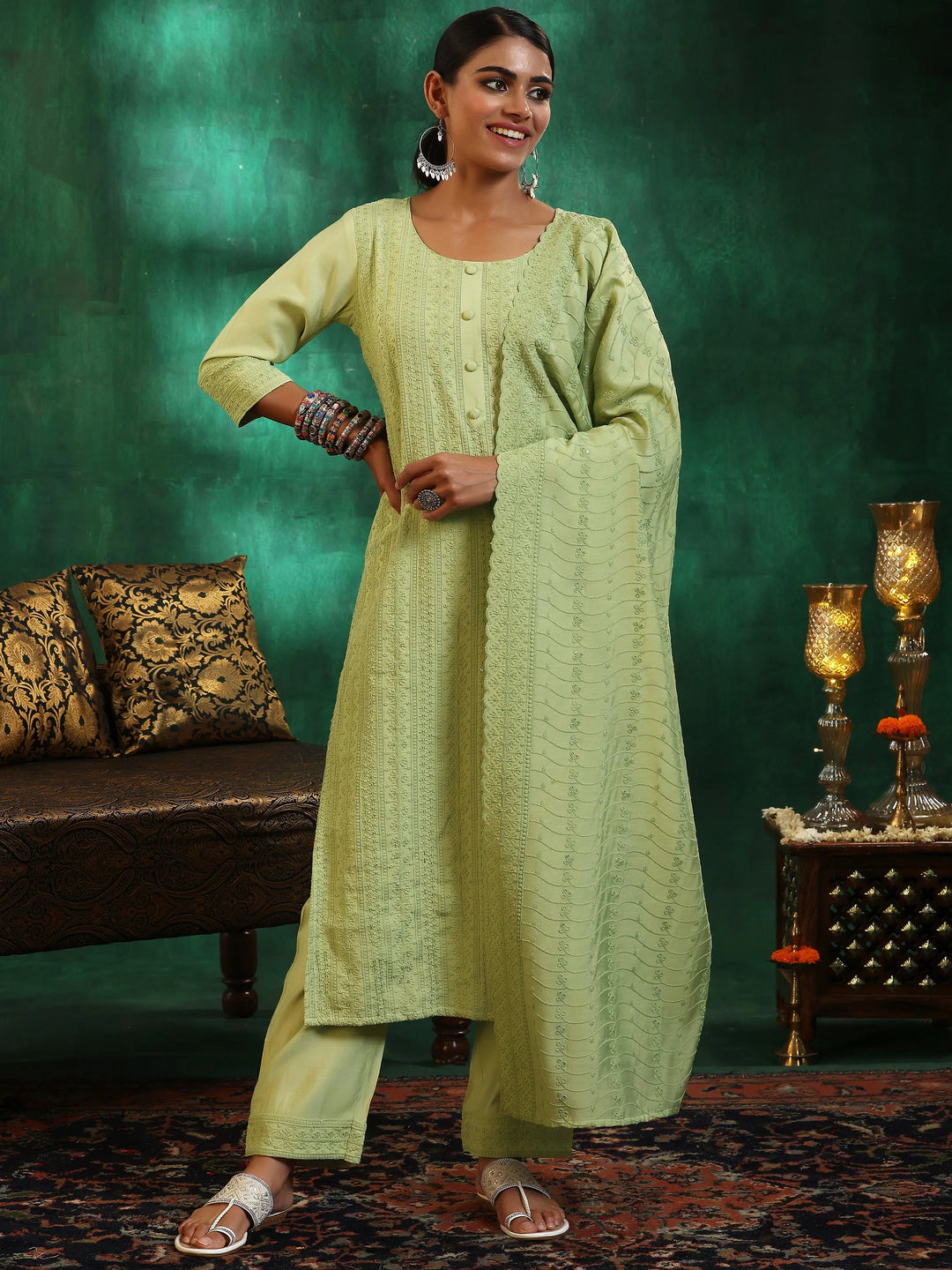  Green Embroidered Silk Blend Straight Suit With Dupatta 
