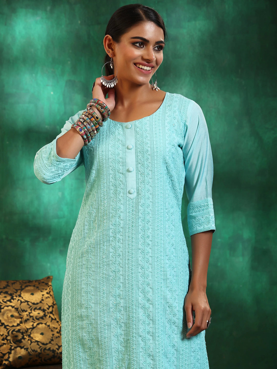  Blue Embroidered Silk Blend Straight Suit With Dupatta 