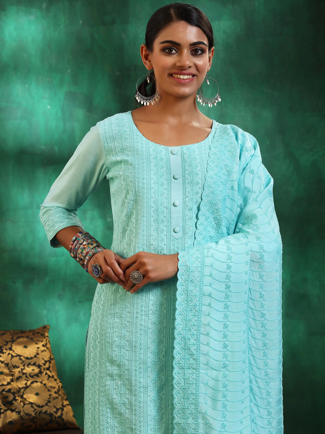  Blue Embroidered Silk Blend Straight Suit With Dupatta 