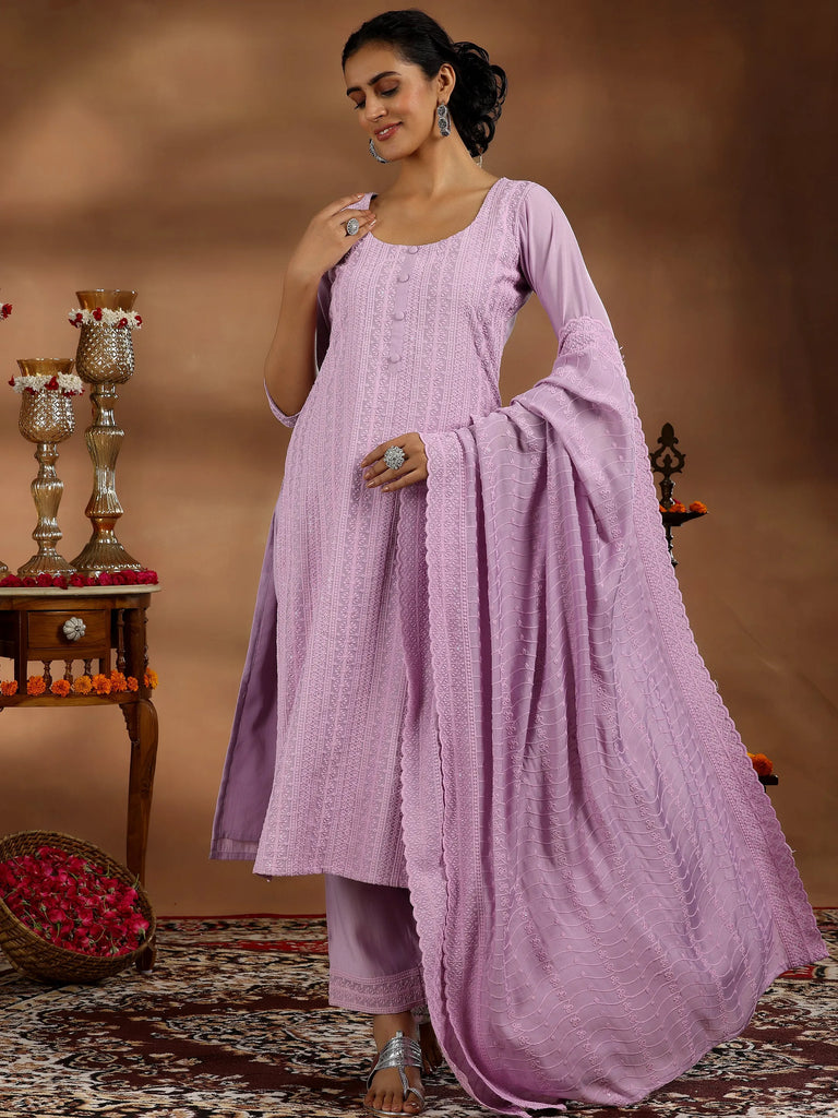 Libas Mauve Embroidered Silk Blend Straight Suit With Dupatta