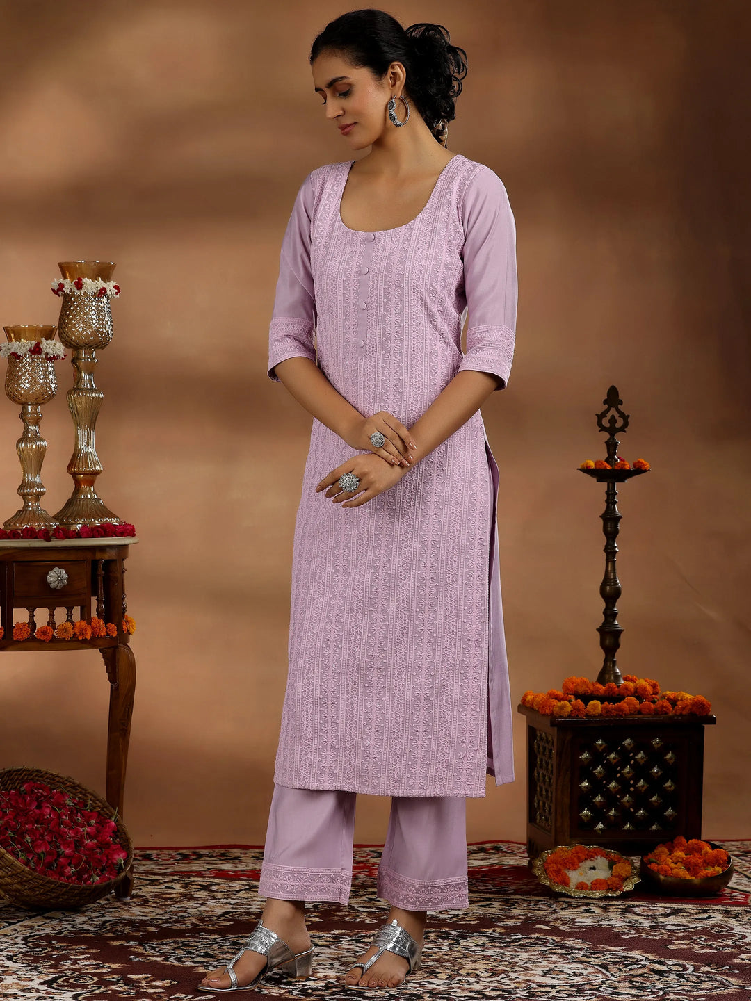  Mauve Embroidered Silk Blend Straight Suit With Dupatta 