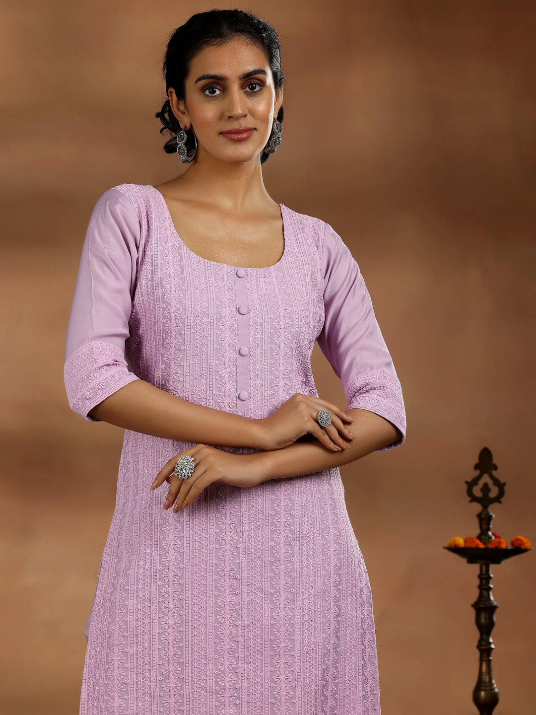  Mauve Embroidered Silk Blend Straight Suit With Dupatta 