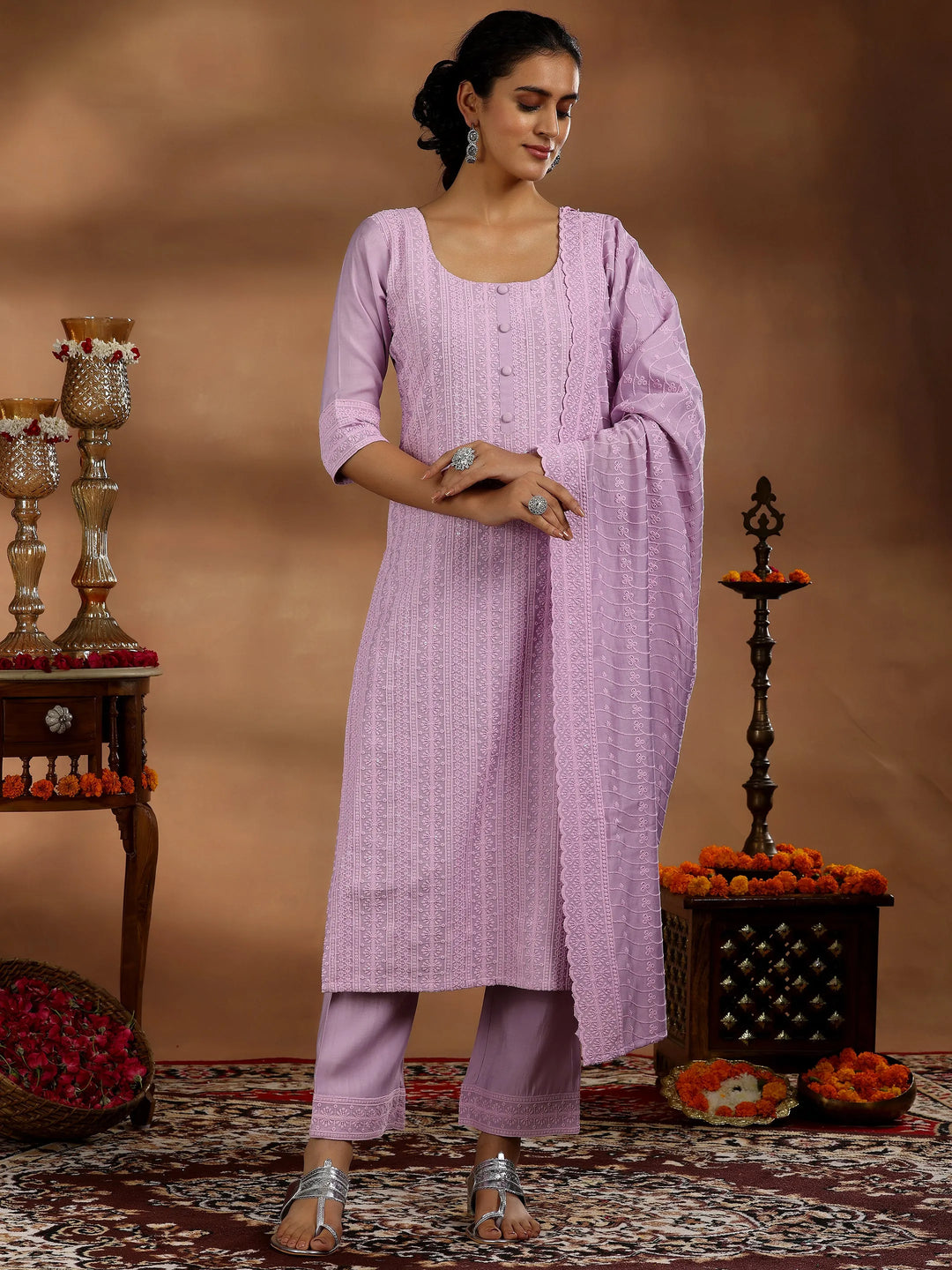  Mauve Embroidered Silk Blend Straight Suit With Dupatta 