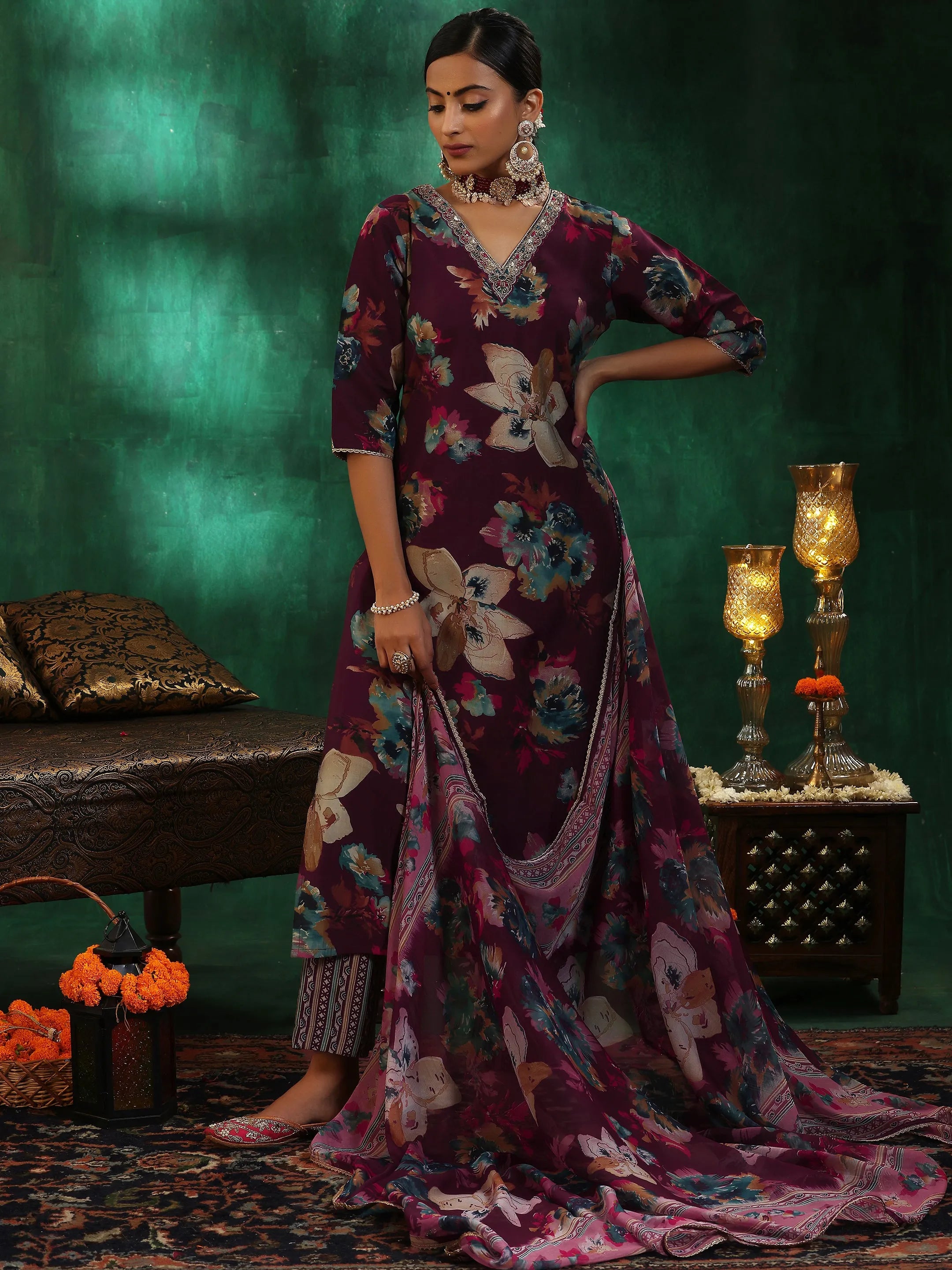 libas Burgundy Printed Silk Blend Straight Suit With Dupatta-picture-13